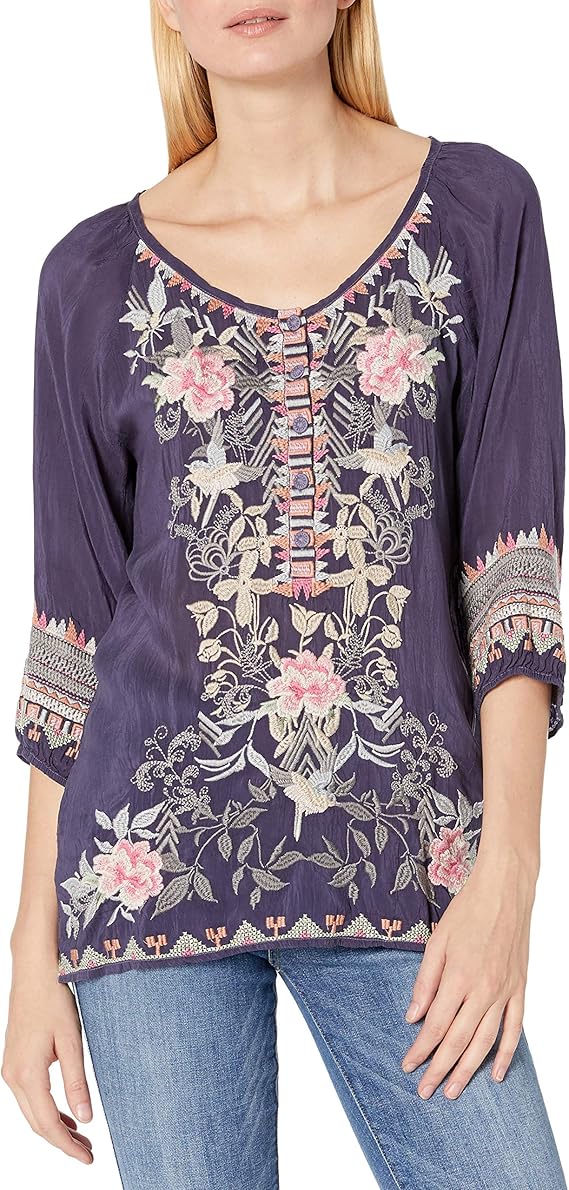 Johnny Was Women's Scoop Neck Peasant Blouse with Contrast Embroidery