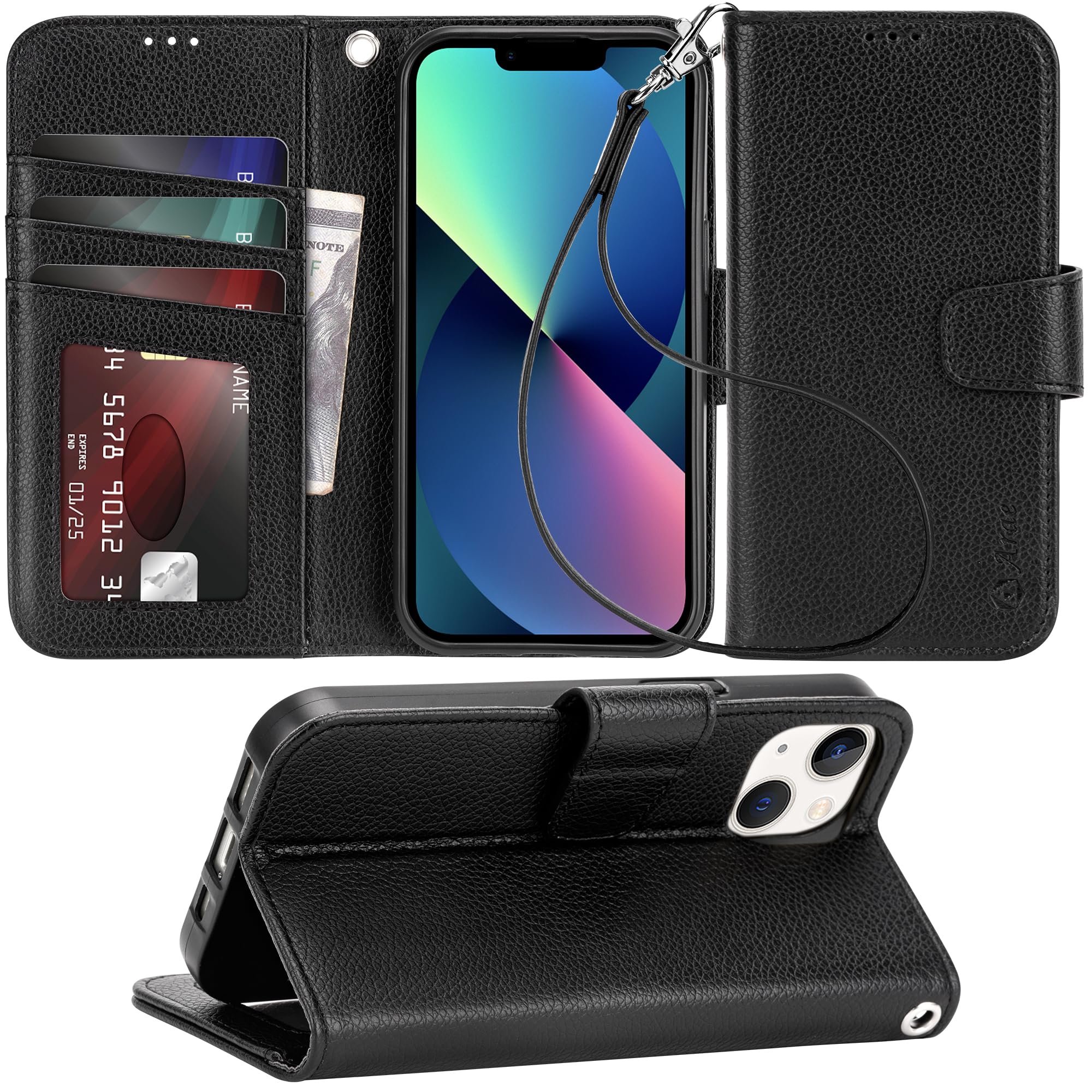Arae Compatible with iPhone 13 Case with Card Holder and Wrist Strap Wallet Flip Cover for iPhone 13 Men/Women, Wristlet S...