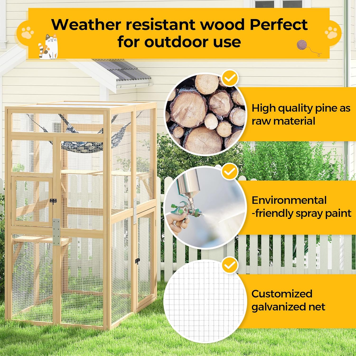 Catio Outdoor Cat Enclosure - Premium Wooden Cat Catio with Window Access & Breathable Mesh, Weatherproof Kitty House for Patio/Backyard/Indoor (Wood)