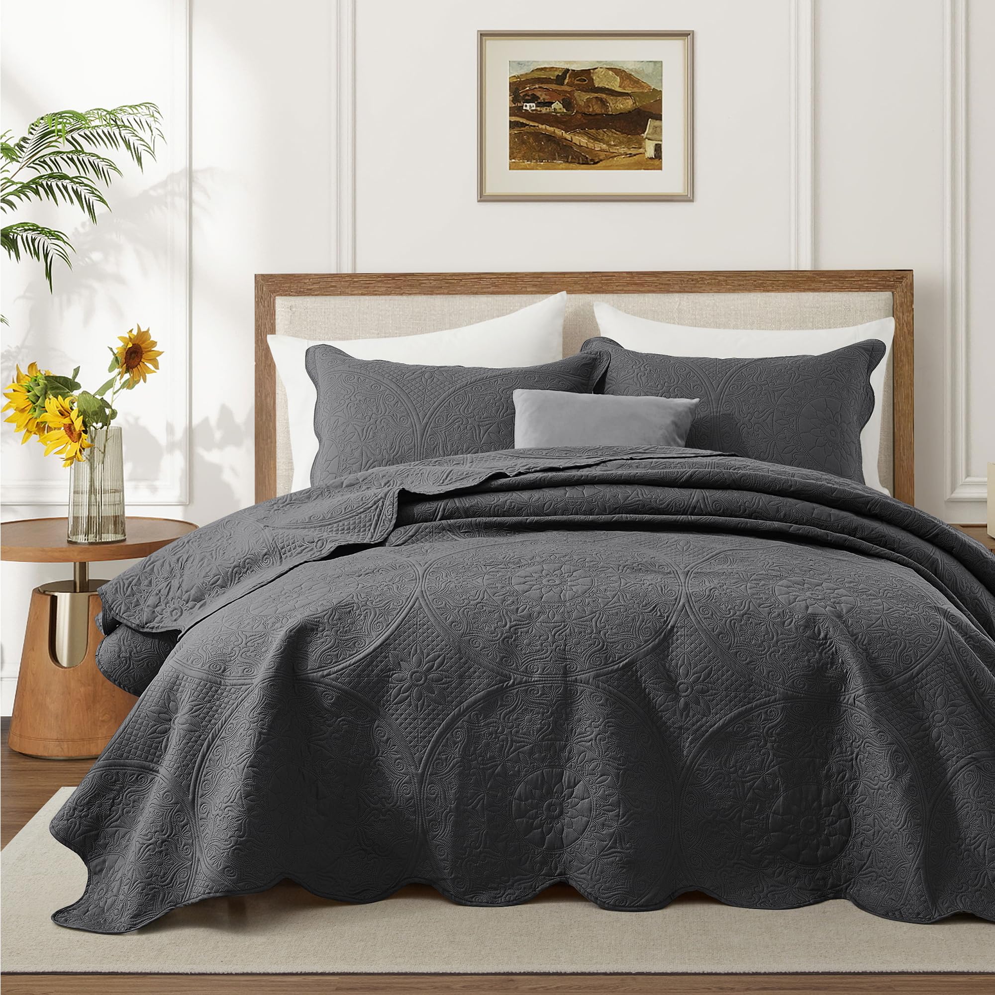 Twin Quilt Set Bedspread Microfiber Bedding Floral Charcoal 68x86