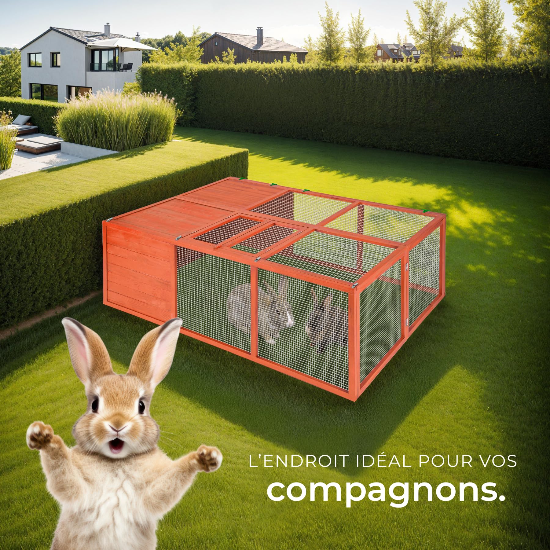 tectake® Clapier Lapin Exterieur Cage Cochon d'Inde Cage Lapin & Autres rongeurs Parc Pliable 159 x 109 x 55 cm en Bois imperméable avec Parc XXL au Sol sans Fond Toit ouvrant Grille Solide