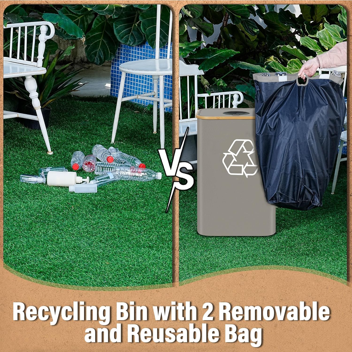 efluky Recycling Bin for Kitchen 26 Gallon, 100L Recycle Bin with 2 Removeable and Reusable Inner Bag, Large Recycling bin with lid for Bottle Can Plastice Stickers (Grey)