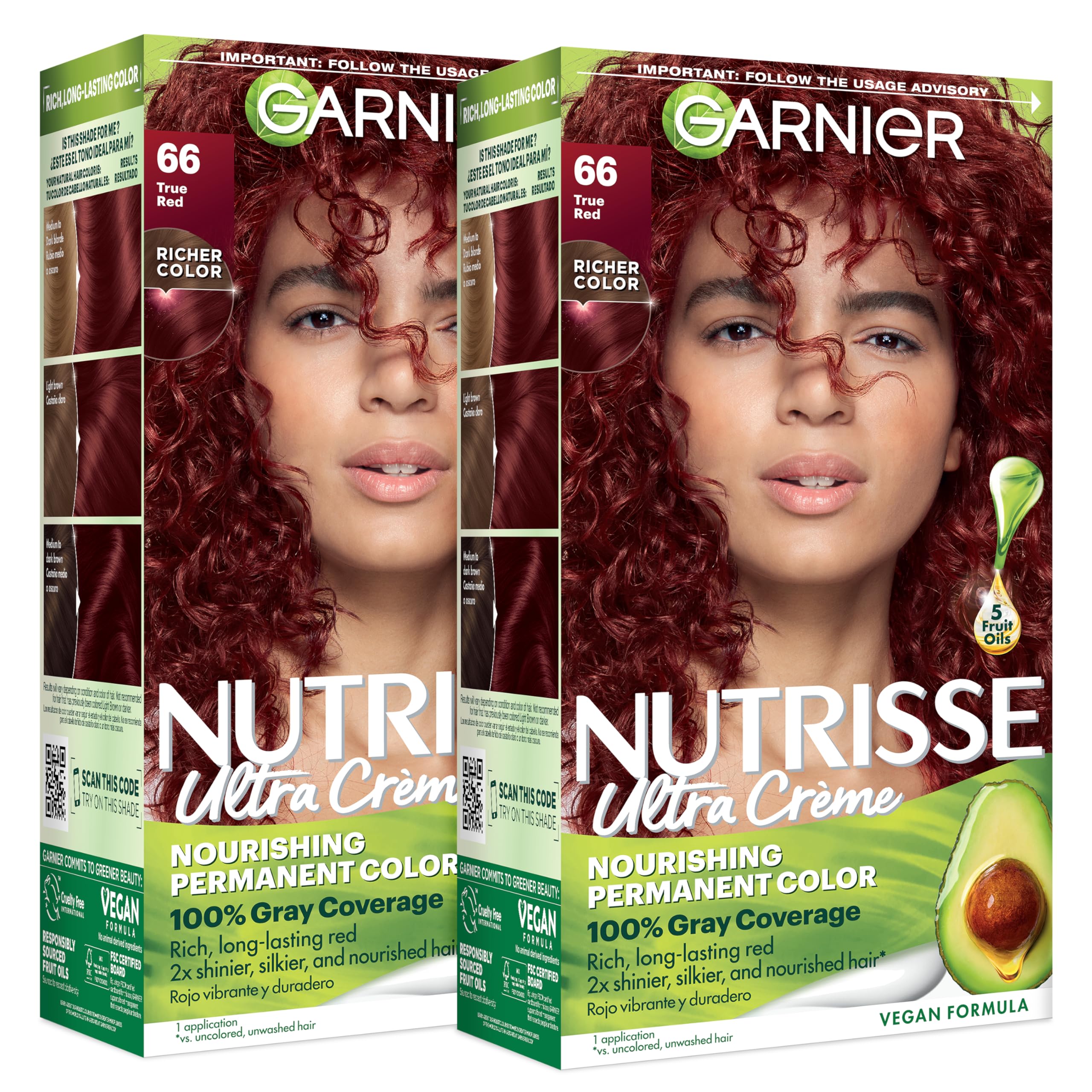 Garnier Nutrisse Ultra Crme Hair Color, Permanent Hair Dye with 100% Gray Coverage, Vegan & Cruelty-Free, 66 True Red (Pomegranate), 2 Count 66 True Red (Pomegranate) 1 Count (Pack of 2)