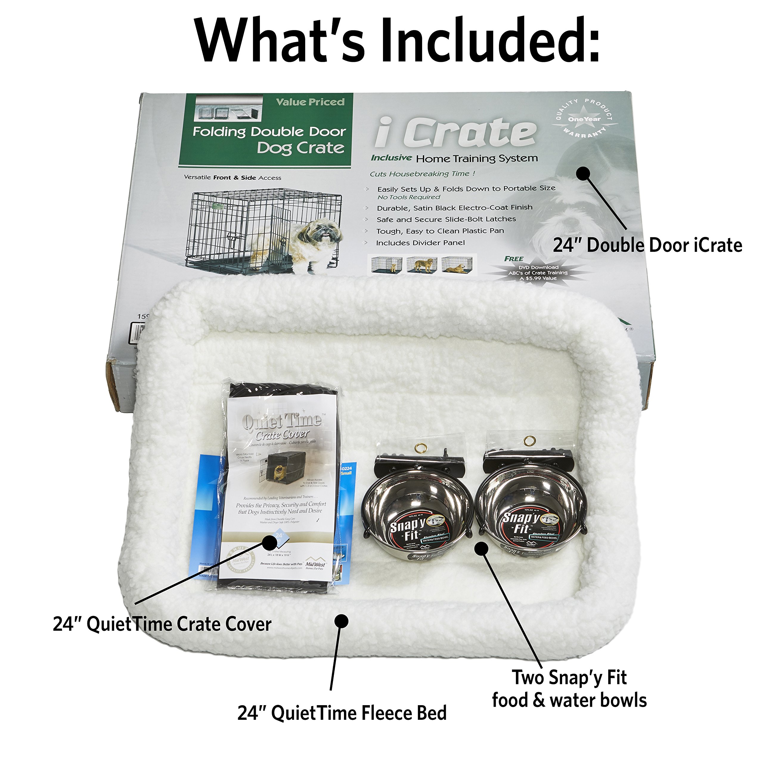 MidWest Homes for Pets - Kit de inicio iCrate de doble puerta, pack de jaula para perros de 61 cm para razas pequeñas, incluye jaula, cama para mascotas, 2 cuencos y cubierta de privacidad