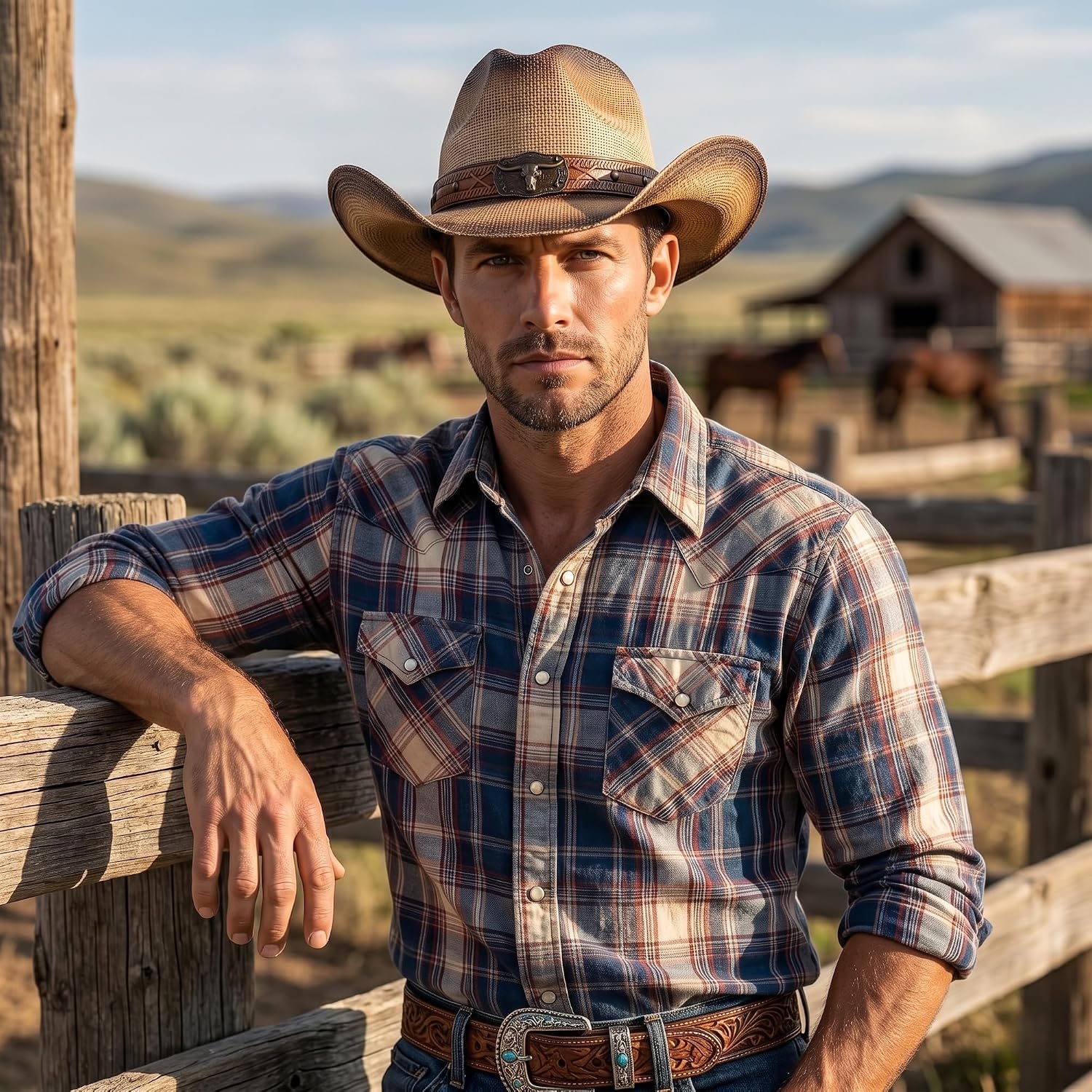 Classic Straw Western Cowboy Hat for Men and Women, Cowgirl Hat, Structured Wide Brim Cattleman Rodeo Sun Hat for Ranch, Farm, Country Concert, Outdoor Party