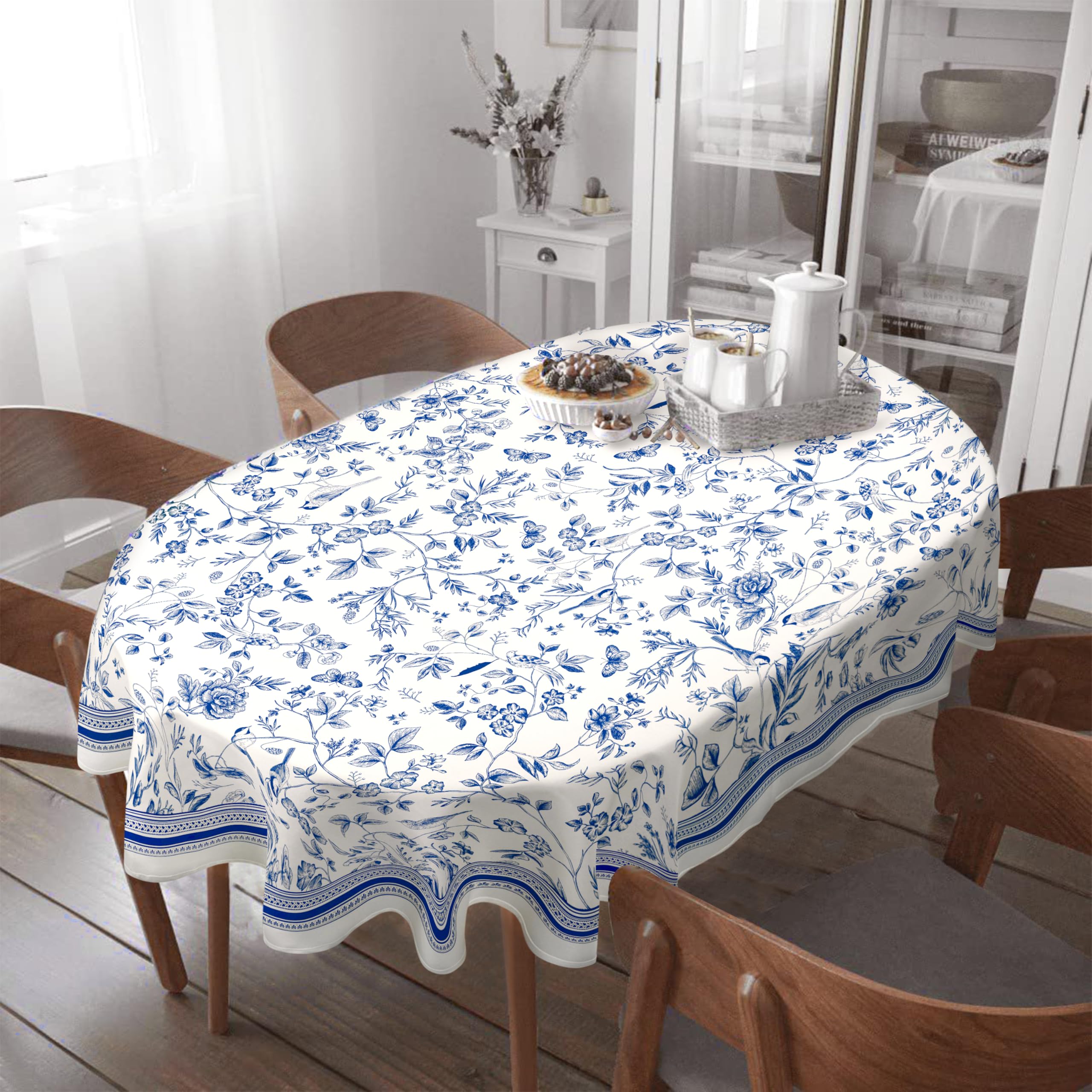 Virtumob Oval Tablecloth, Waterproof Tablecover for Oval Tables 54 x 72,Vintage Hand Drawn Floral Birds Design Table Cloth Perfect for Kitchen Dinner Restaurant Outdoor