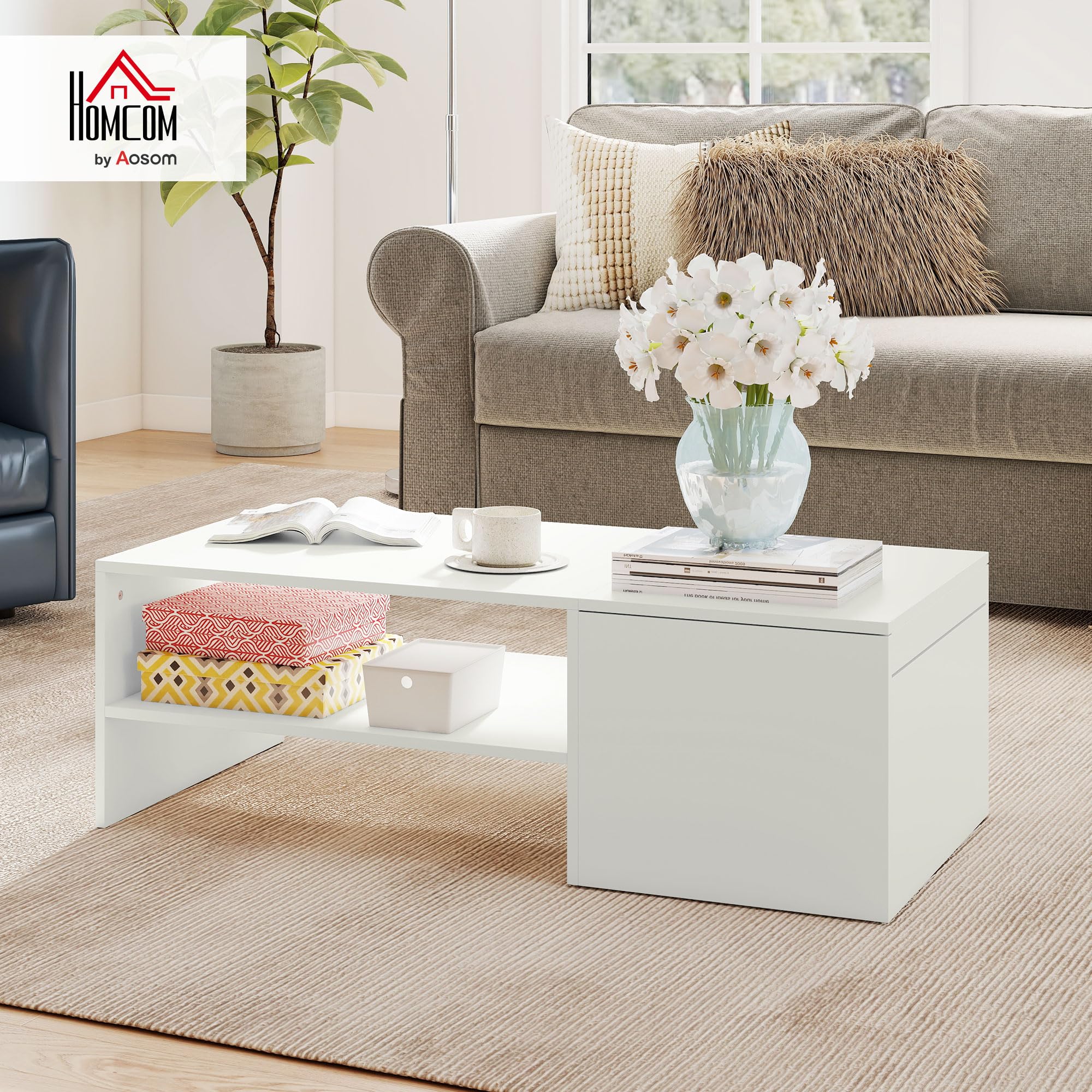 HOMCOM Mesa de Centro con Tablero Deslizante Moderna 110x52x36 cm Blanco | Mesa Baja para Salón Moderna, con Compartimento Oculto, Estante Abierto, para Comedor, Oficina