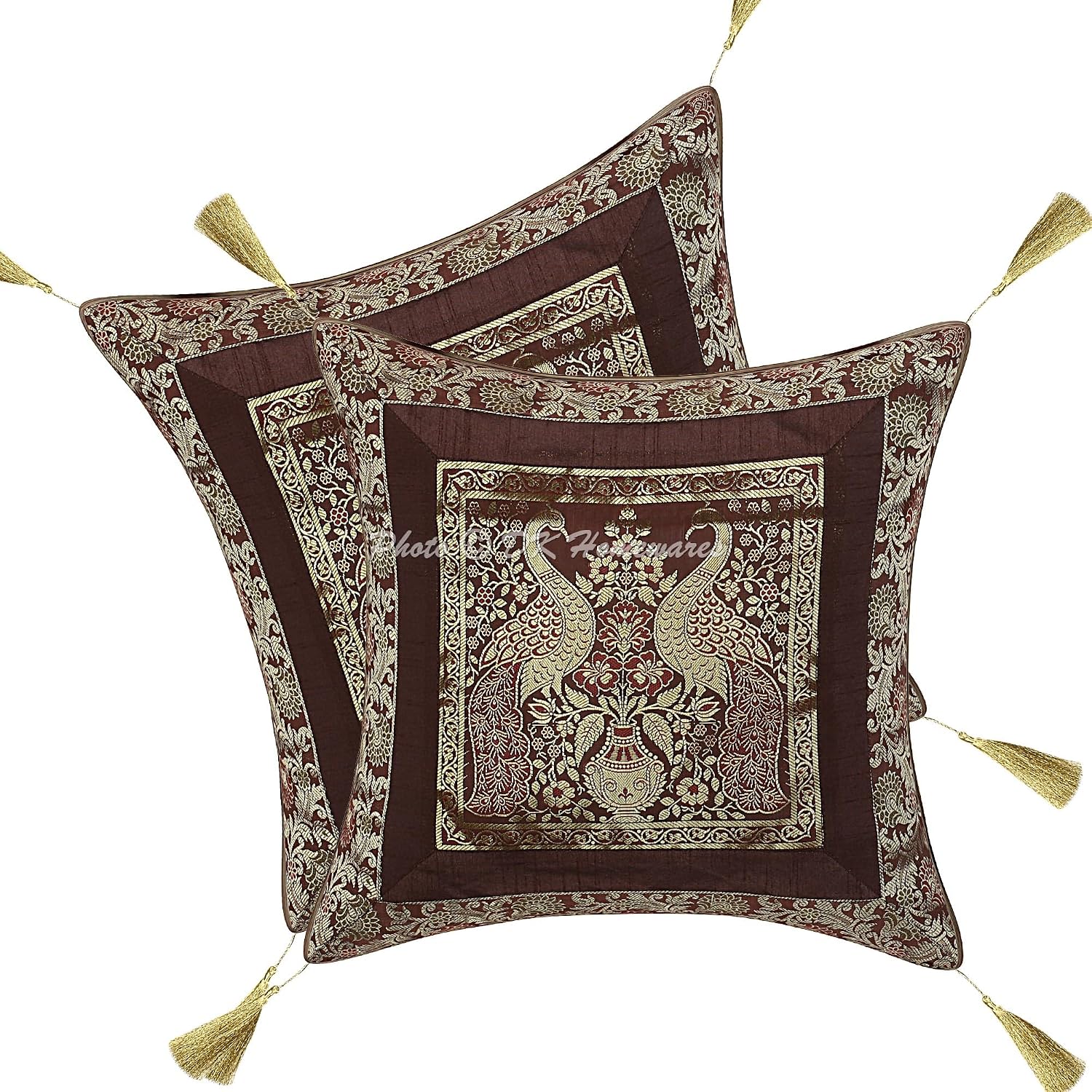 Decorative Throw Pillow Covers 18x18 Inch Brocade Jacquard Weave Indian Square Peacock Cushion Covers (Size - 45x45 cm ; Color: Coffee Brown & Gold) - Set of 2 Pcs (Cover Only)
