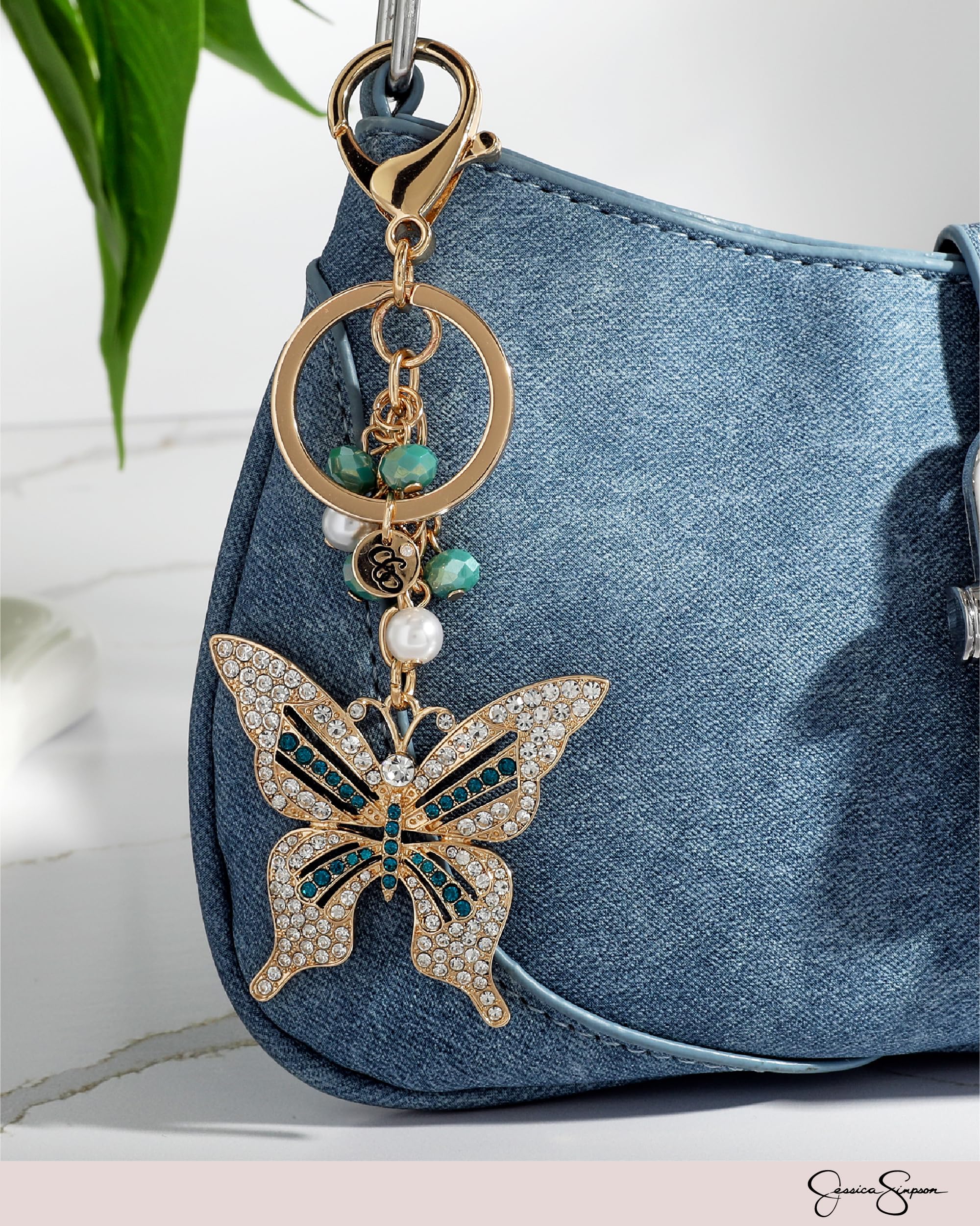 Jessica Simpson Pave Crystal Butterfly Keychain, Gold-Tone Keychain with Butterfly Charm, Purse and Bag Charms