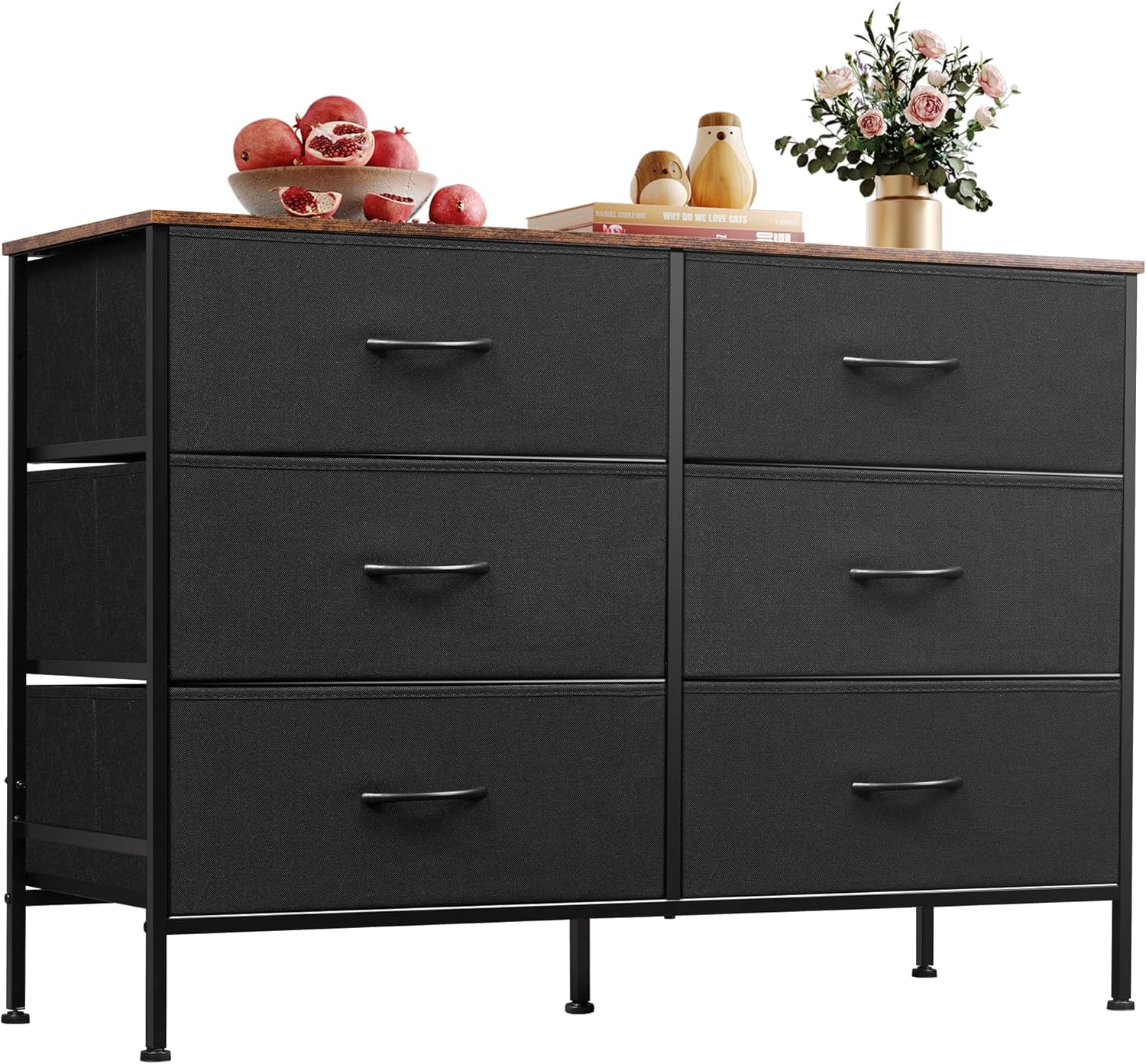 WLIVE Wide Dresser with 6 Drawers, TV Stand for 50 Inches TV, Entertainment Center with Metal Frame, Wooden Top, Fabric Storage Dresser for Bedroom, Hallway, Entryway, Black and Rustic Brown