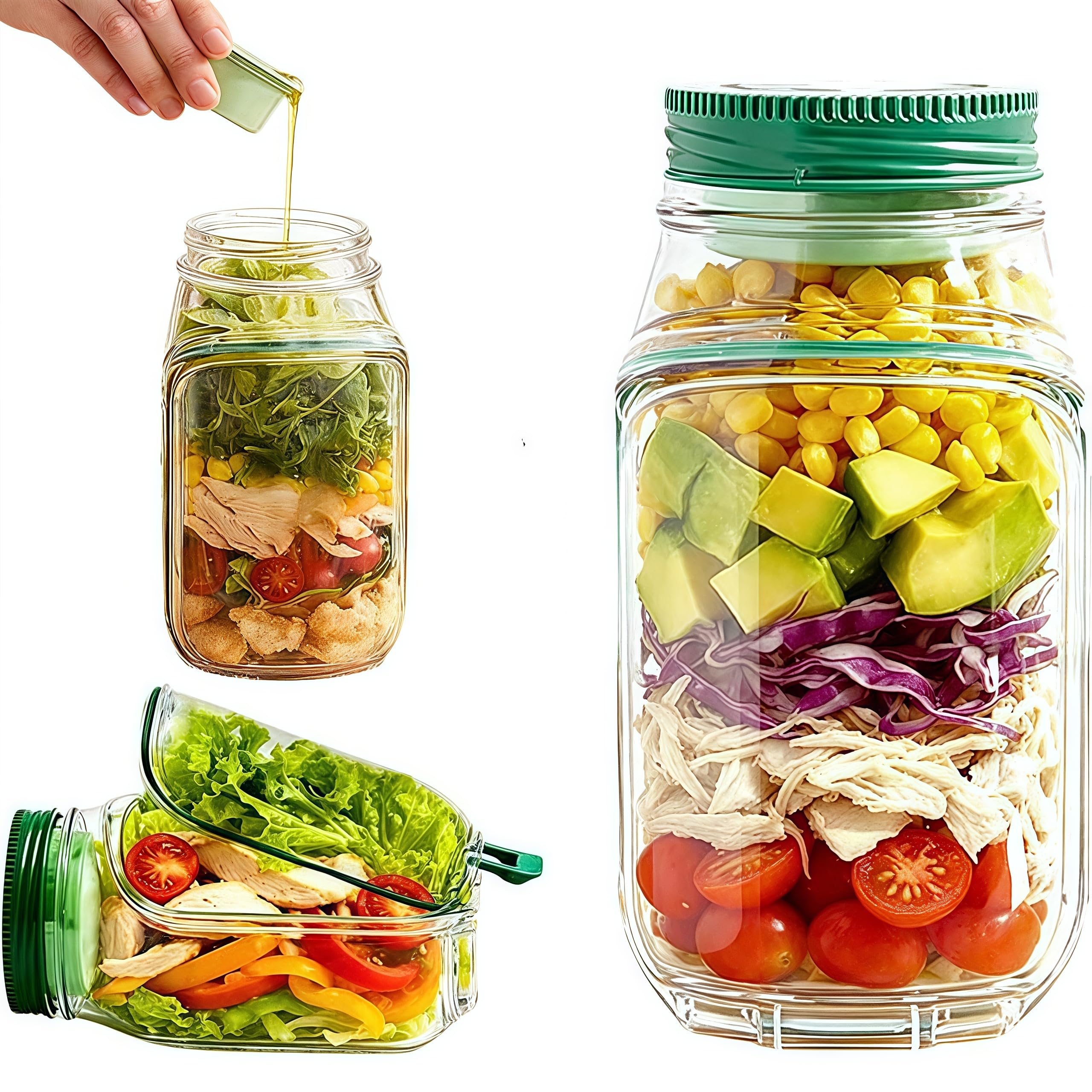 Salad Pod, 300mL Salad Container for Lunch with Dressing Container, Leakproof Salads Jars with Lids Meal Prep, Wet Dry Separation Vertical Layering Lunchable Containers with Measurement Marks (1PC)