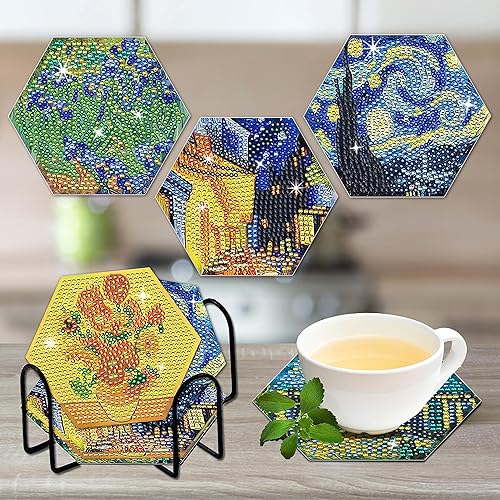 Miniatura 5 de NUFTVI Van Gogh - Juego de posavasos de pintura de diamantes con soporte, kit de posavasos de arte de diamante de cristal completo 5D para adultos.