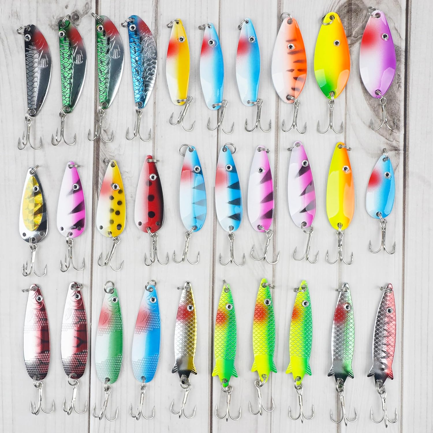 Fishing Spoons Metal Fishing Lures Kit, 30pcs Hard Spinner Baits Trout Spoons Walleye Lures Casting Lures with Treble Hooks for Bass Pike Crappie Trout