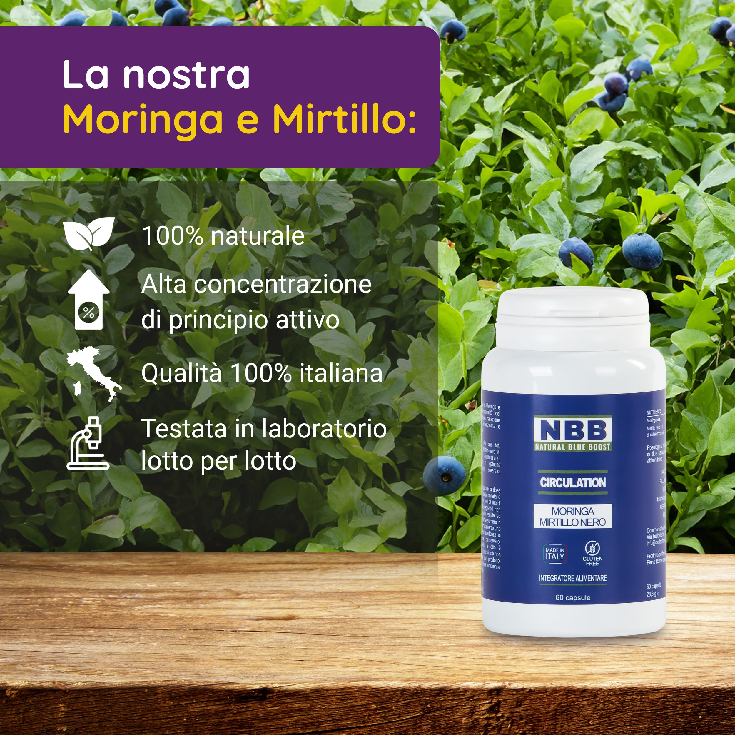 NBB Moringa & Mirtillo - 60 Capsule - Potente Antiossidante Antinfiammatorio, Supporto Cardiovascolare Naturale - Integratore per Gambe Leggere Microcircolazione, Salute Visiva - 1 Mese di Trattamento