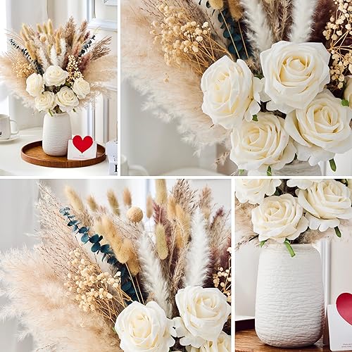 Miniatura 8 de 100 piezas de arreglo de flores artificiales con jarrón, rosas de seda artificiales en jarrón, decoraciones para mesa de café, pasto pampas seco