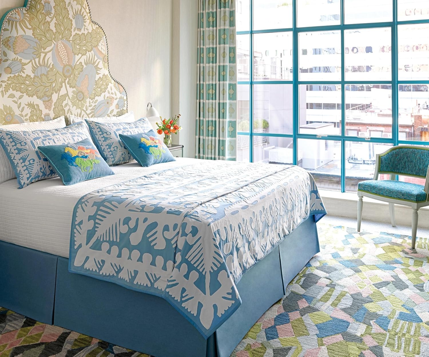 Pine Cone Hill x Kit Kemp Knight Wood Cutwork Lapis Coverlet, Full/Queen Size, Blue Graphic Pattern