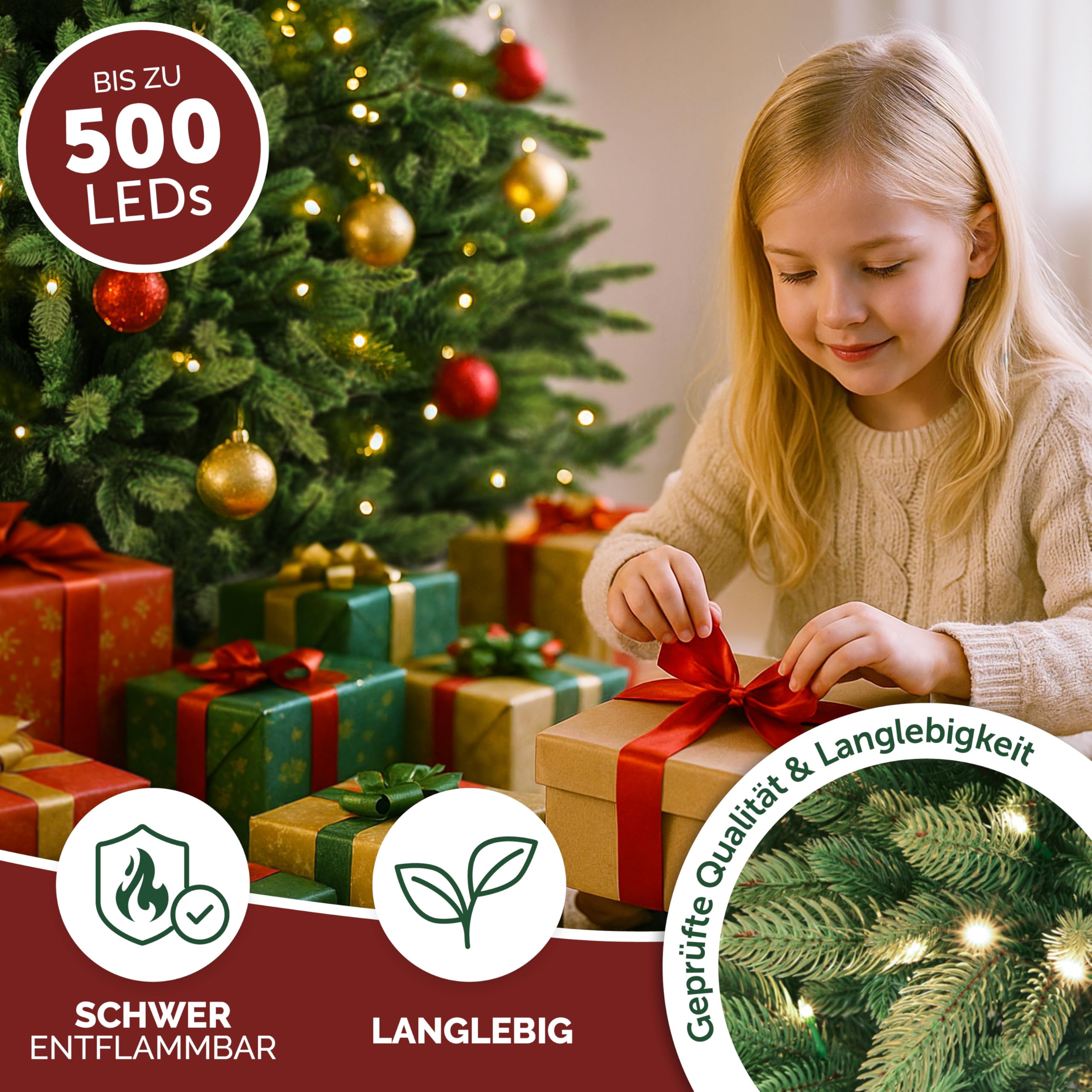 Premium künstlicher Weihnachtsbaum 150cm - Weihnachtsbaum mit Beleuchtung LED - Tannenbaum Spritzguss 100% PE-Nadeln inkl. Holzfuß - Tannenbaum künstlich mit Beleuchtung - Christmas Tree