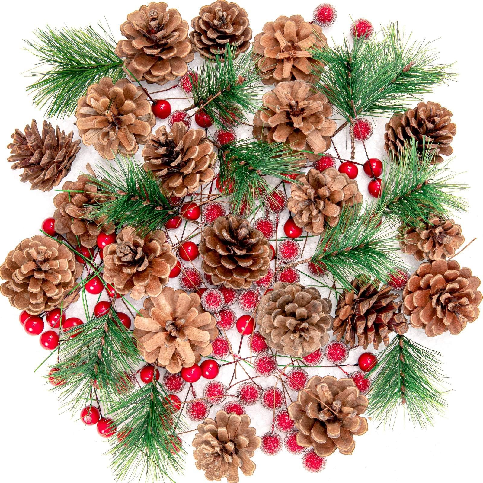 Christmas Wreath Making Decoration Artificial Pine Cone Berry Set Red Holly Berries Natural Pinecones Branches for Xmas Tree Ornament Home Fall Winter Christmas Party DIY Crafts, 130Pcs