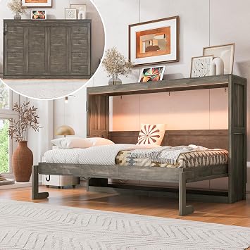 Twin Size Murphy Bed with LED Light, Foldable Wall Cabinet Bed, Hidden Design Brown