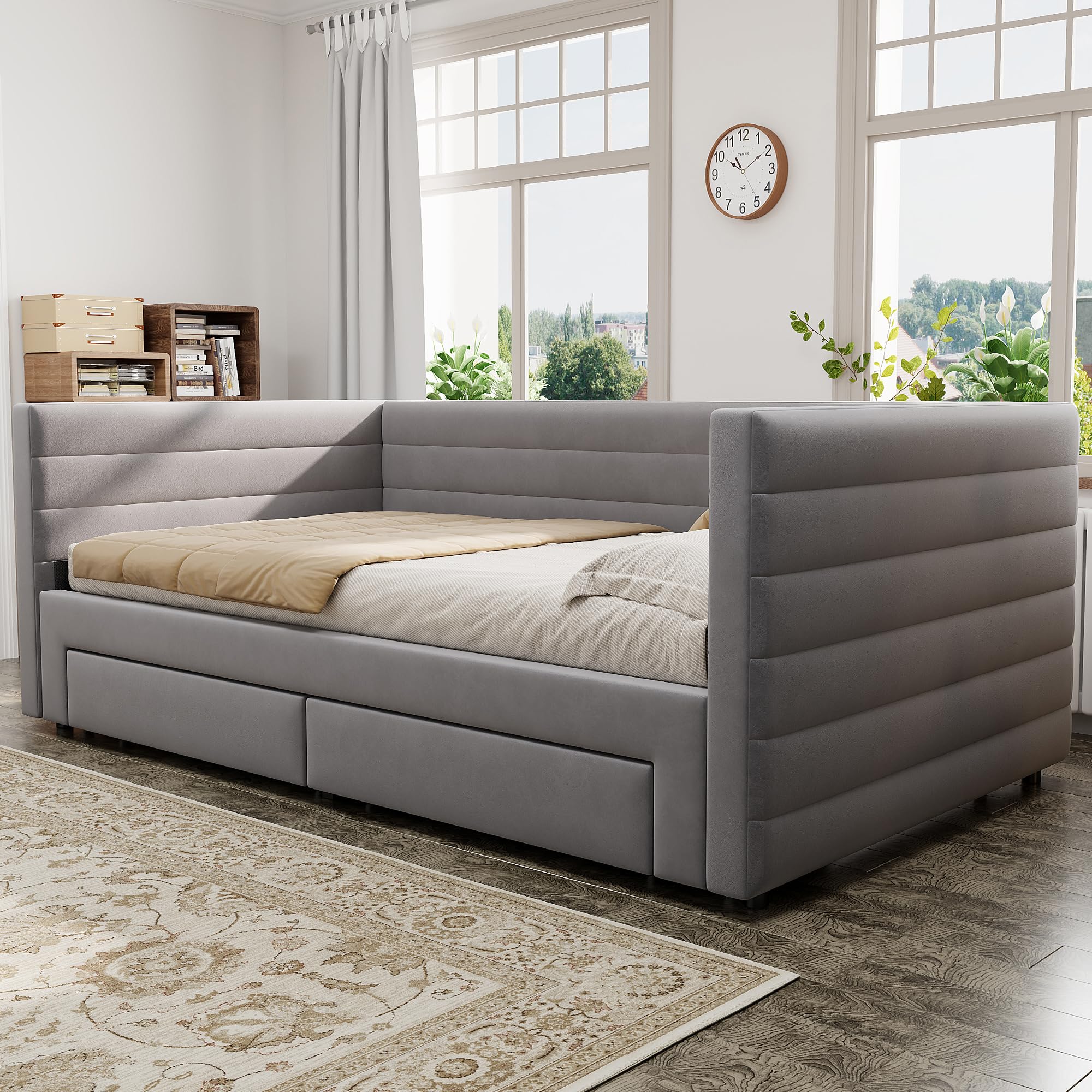 Soweiz Lettino imbottito 3 in 1 divano letto estraibile 90 x 190 cm, letto con cassetti, trasformabile in singolo/matrimoniale con rete a doghe, cotone e lino (senza materasso) (grigio)