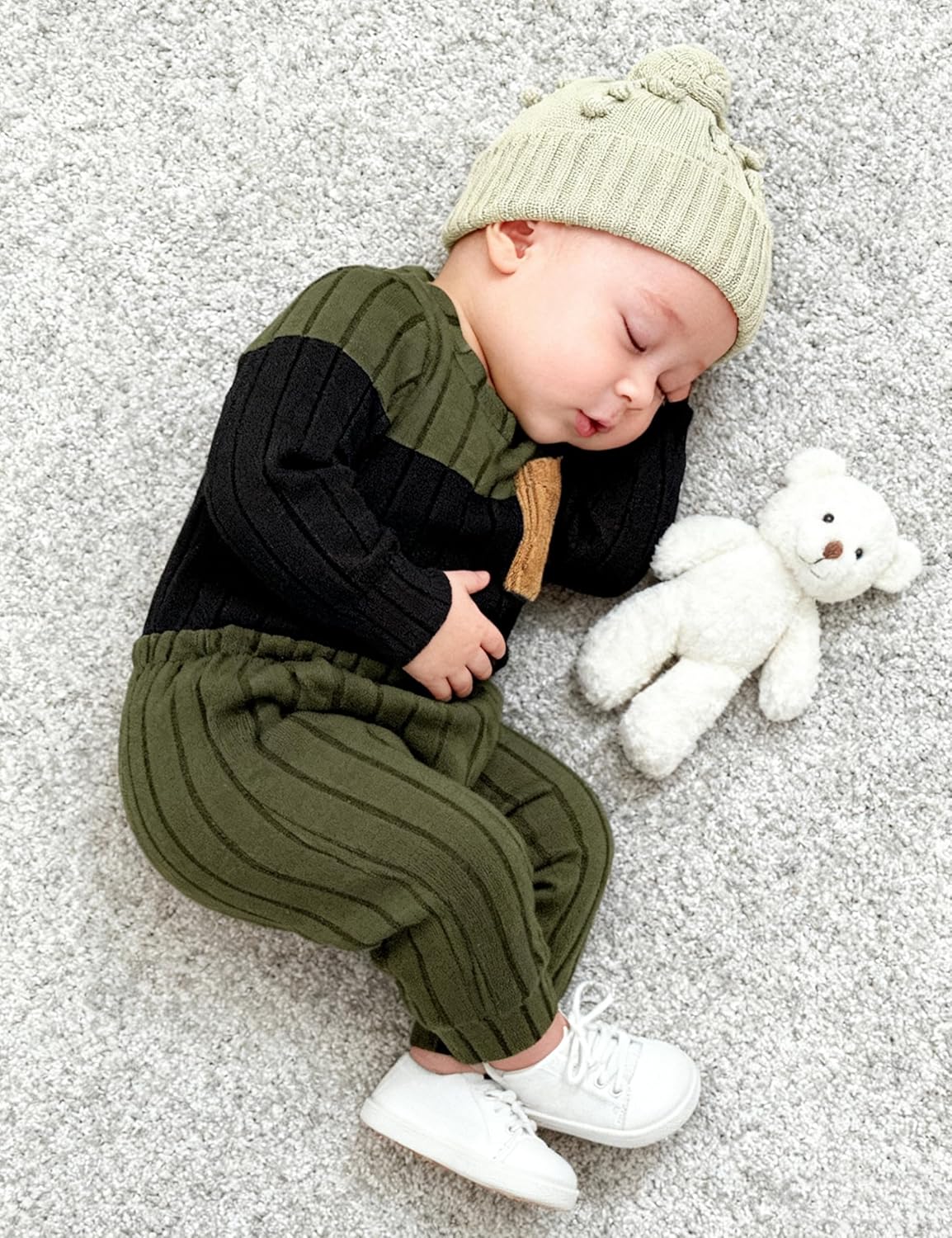 Baby Boy Clothes Color Block Ribbed Knitted Outfits Long Sleeve Romper+ Pants 2PCS Outfit 0-12 Months - Image 3