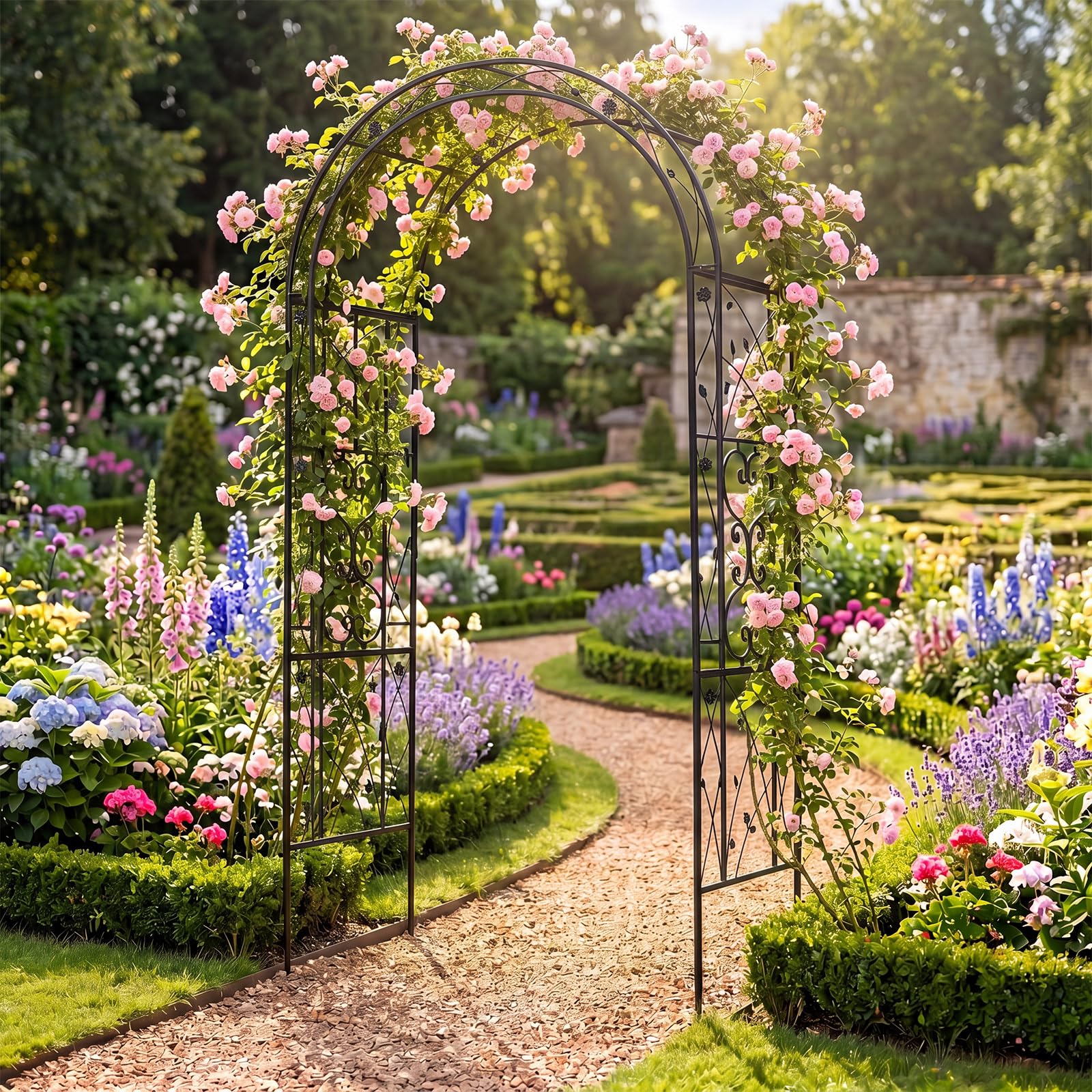 COSTWAY Arco da Giardino, Pergolato per Piante Rampicanti, Vite e Rose | Pergola Decorativa con Motivi a Foglia da Giardino, Ingresso, Viale e Cortile per Matrimonio e Festa, 138 x 59 x 213 cm