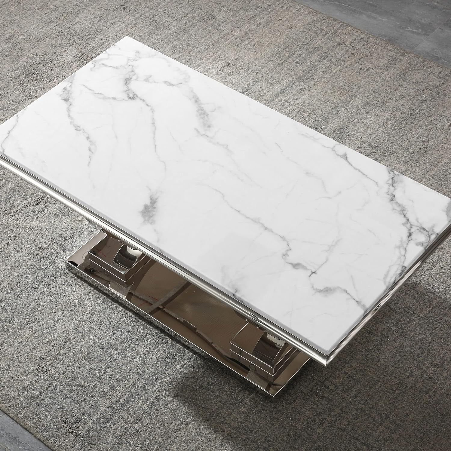 46.85" Rectangular White Marble Coffee Table, Faux Marble Living Room Table Center Table with Stainless Steel Metal U-Base, Mid Century Modern Coffee Table, Luxury Silver Cocktail Tables