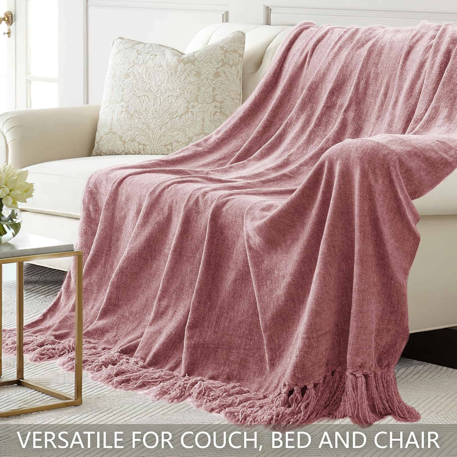 Chenille Throw Blanket for Couch 50"X 60", Soft Cozy Throws with Fringe Tassel for Bed Sofa Chair Cover, Lightweight Knitted Decorative Boho Blankets for Living Room, Mauve - Image 4