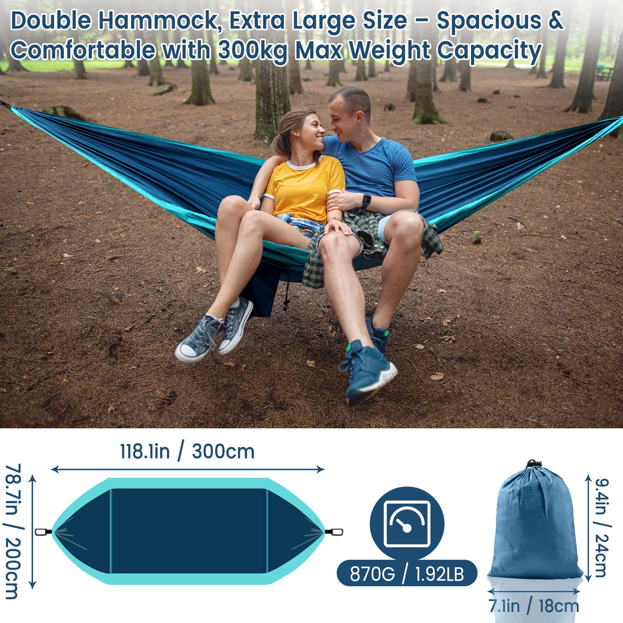Hamak XXL dla 2 osób, 300 x 200 cm, składany, ultralekki i przenośny, hamaki zewnętrzne z udźwigiem 300 kg, idealny do ogrodu, campingu, podróży (jeziorno niebieski)