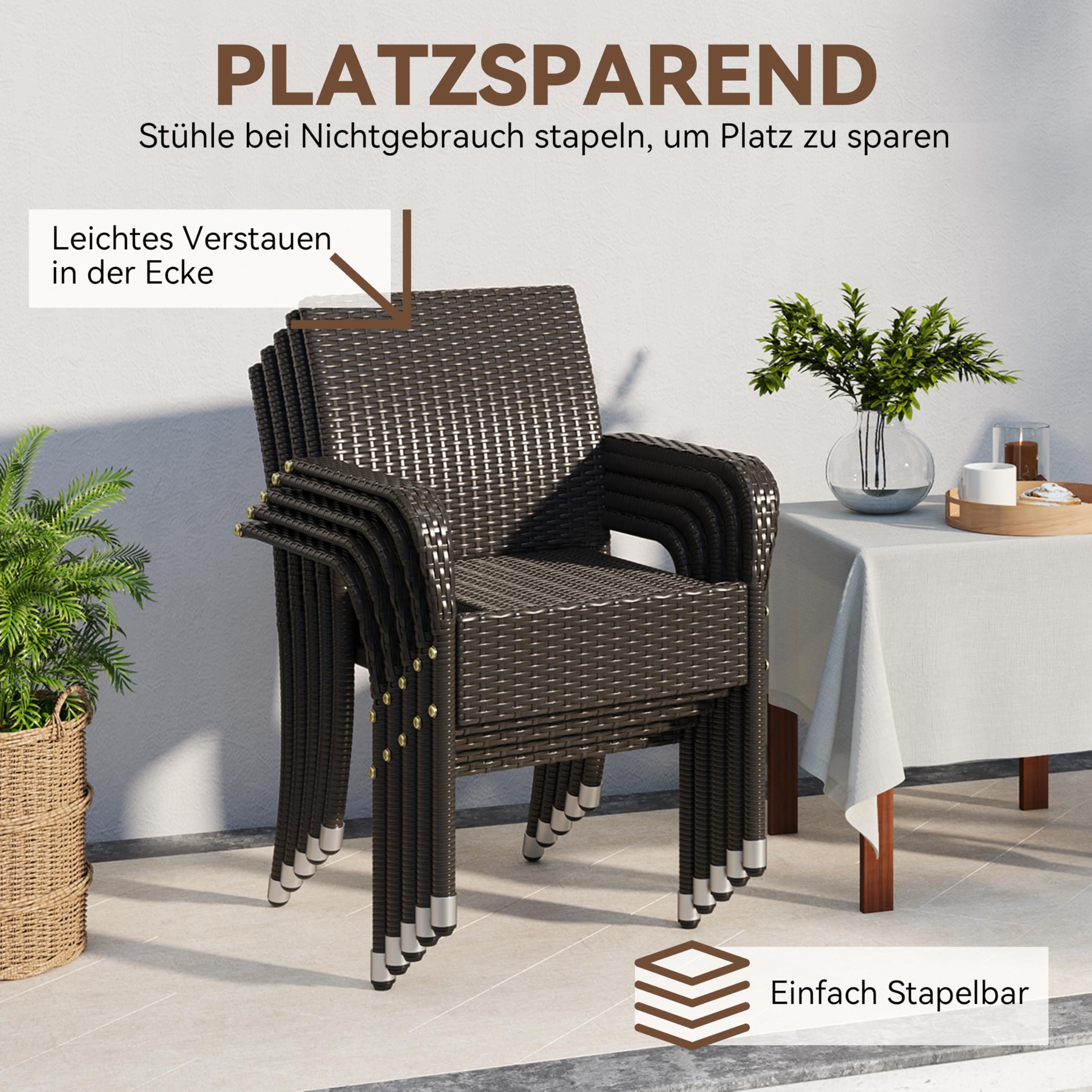 Yaheetech Lot de 2 chaises de Jardin empilables en rotin synthétique avec accoudoirs et Dossier, pour Jardin, Balcon, terrasse, Marron, 58 x 58 x 84 cm