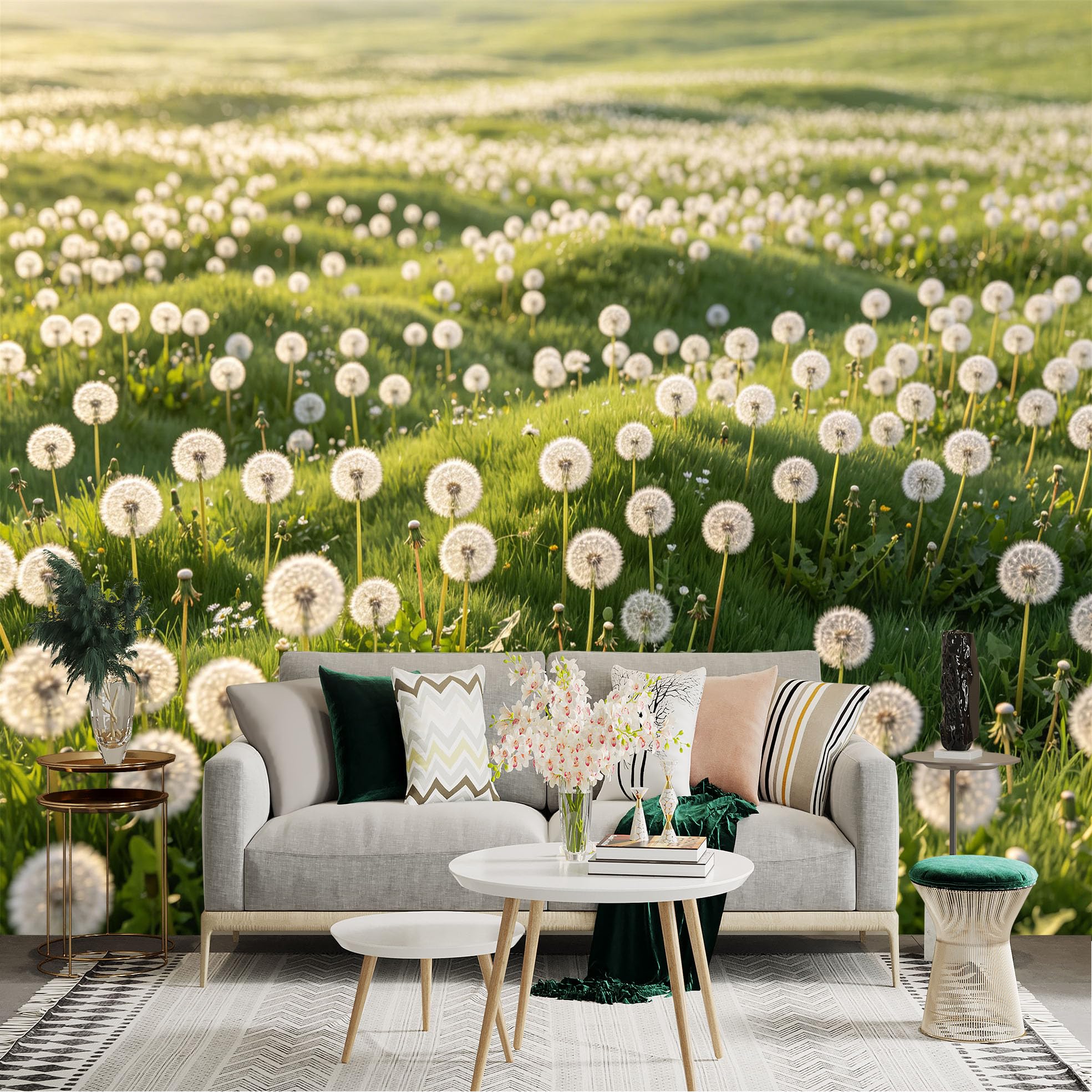 Lnzczhyre Dbh260521470 Custom Size Wall Sticker Mural， White Fluffy Dandelion Field， Green Spring Meadow， Natural Soft Sunlight， Serene Floral Landscape， For Wall Decoration， Peelandstick Wall Decals.