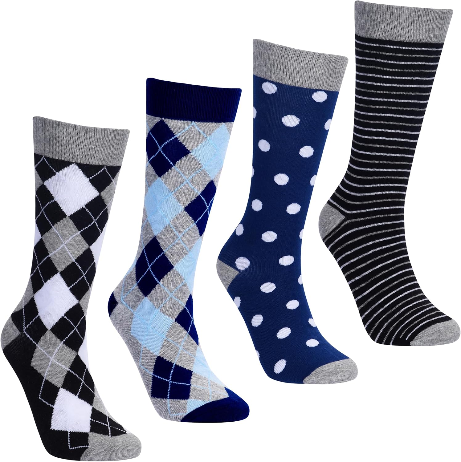 No Cold Feet Men’s Dress Socks, Fun Colorful Patterned, Mid-Calf, Cotton Blend, 4-Pack