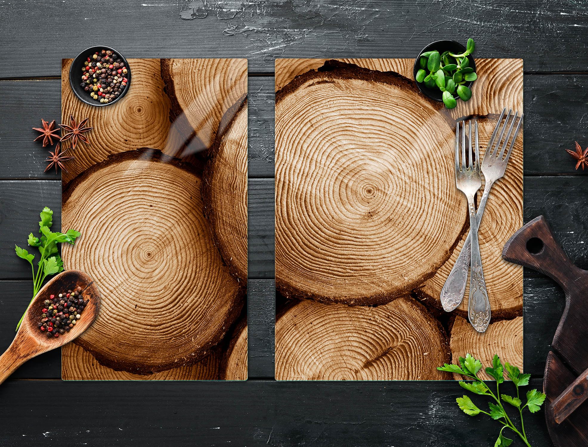 TMK ArtDeko Herdabdeckplatten Set 70 x 52 cm Ceranfeld Abdeckung Glas Spritzschutz Abdeckplatte Glasplatte Herd Ceranfeldabdeckung Deko Schneidebrett, Holz