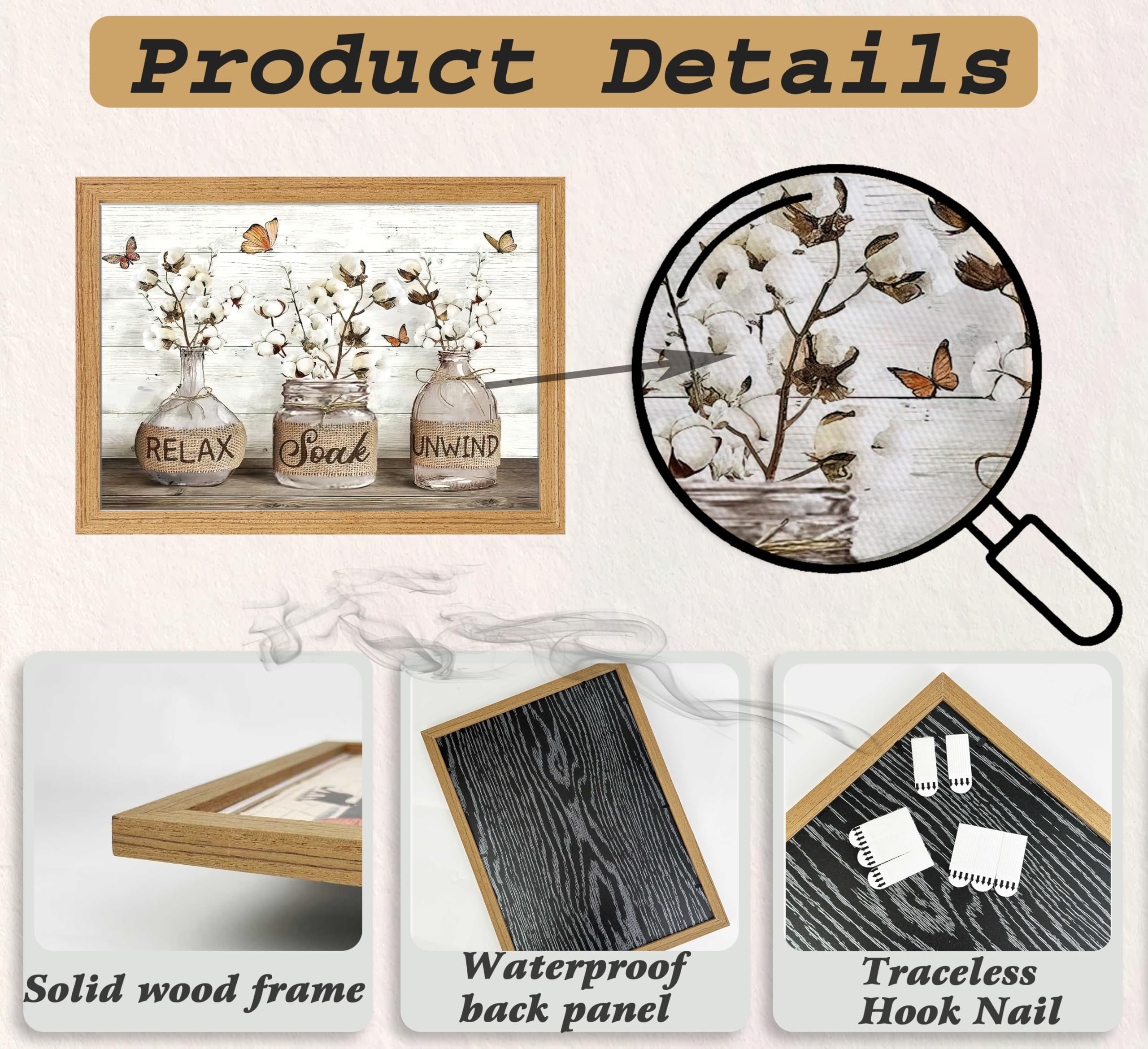 Framed Farmhouse Bathroom Canvas Wall Art Brown Rustic Cotton Flower Painting Picture Wall Decor Modern Relax Soak Unwind Sign Poster Print Artwork for Living room Restroom Home Decoration — view 2