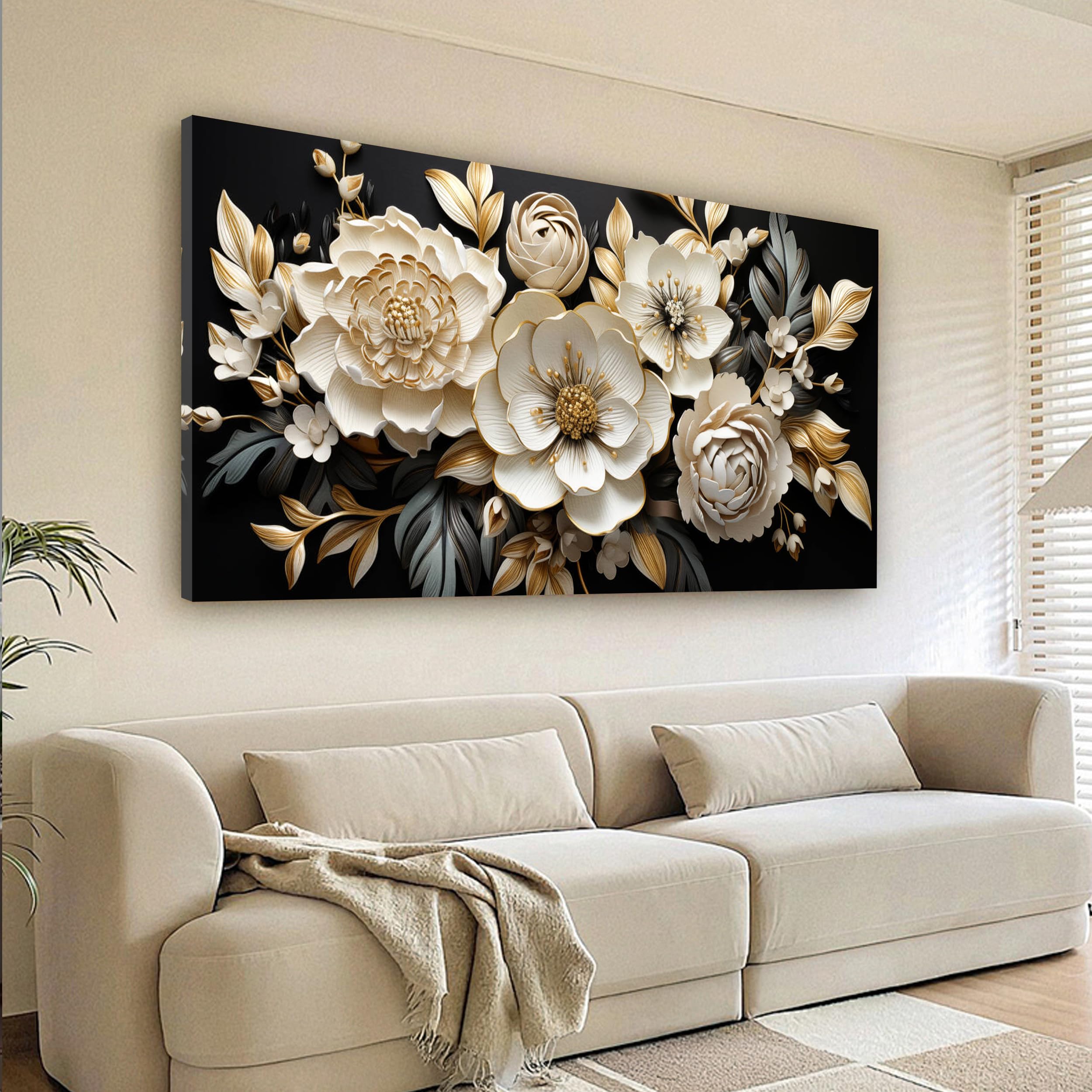 Trogonup Large Gold and Black Flower Wall Art for Bedroom Botanical Picture Modern Artwork for Living Room Office Teen Girls Room Kitchen 24x48 Inch