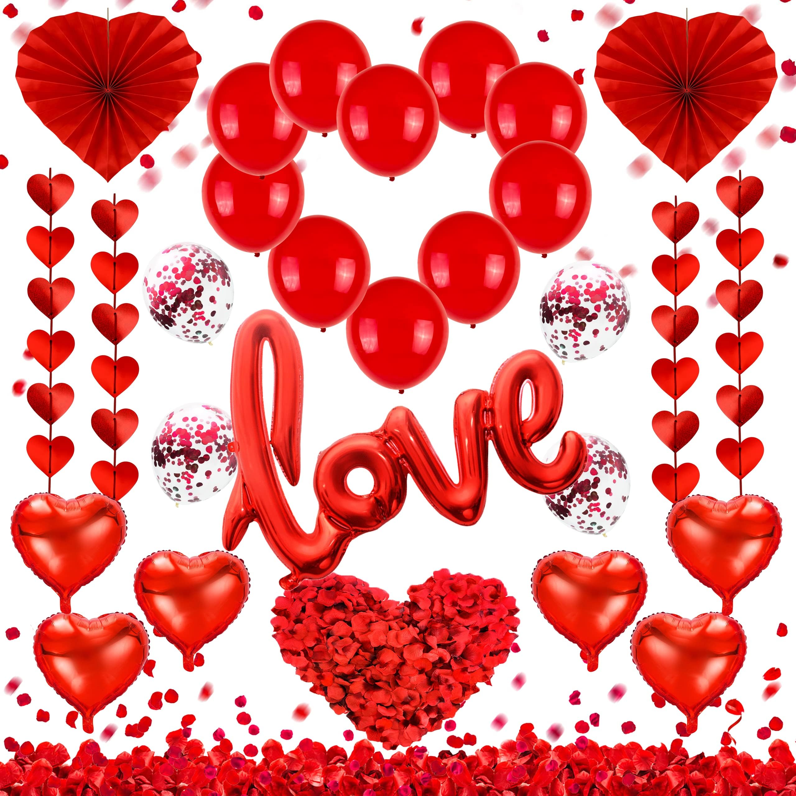 Valentines Day Party Decoration Kits, 36 Inch Love Foil Balloon, Red Heart Balloons, Heart Paper Fans, Red Heart Garland with 500 PCS Rose Petals Wedding Anniversary Valentines Balloons Decor