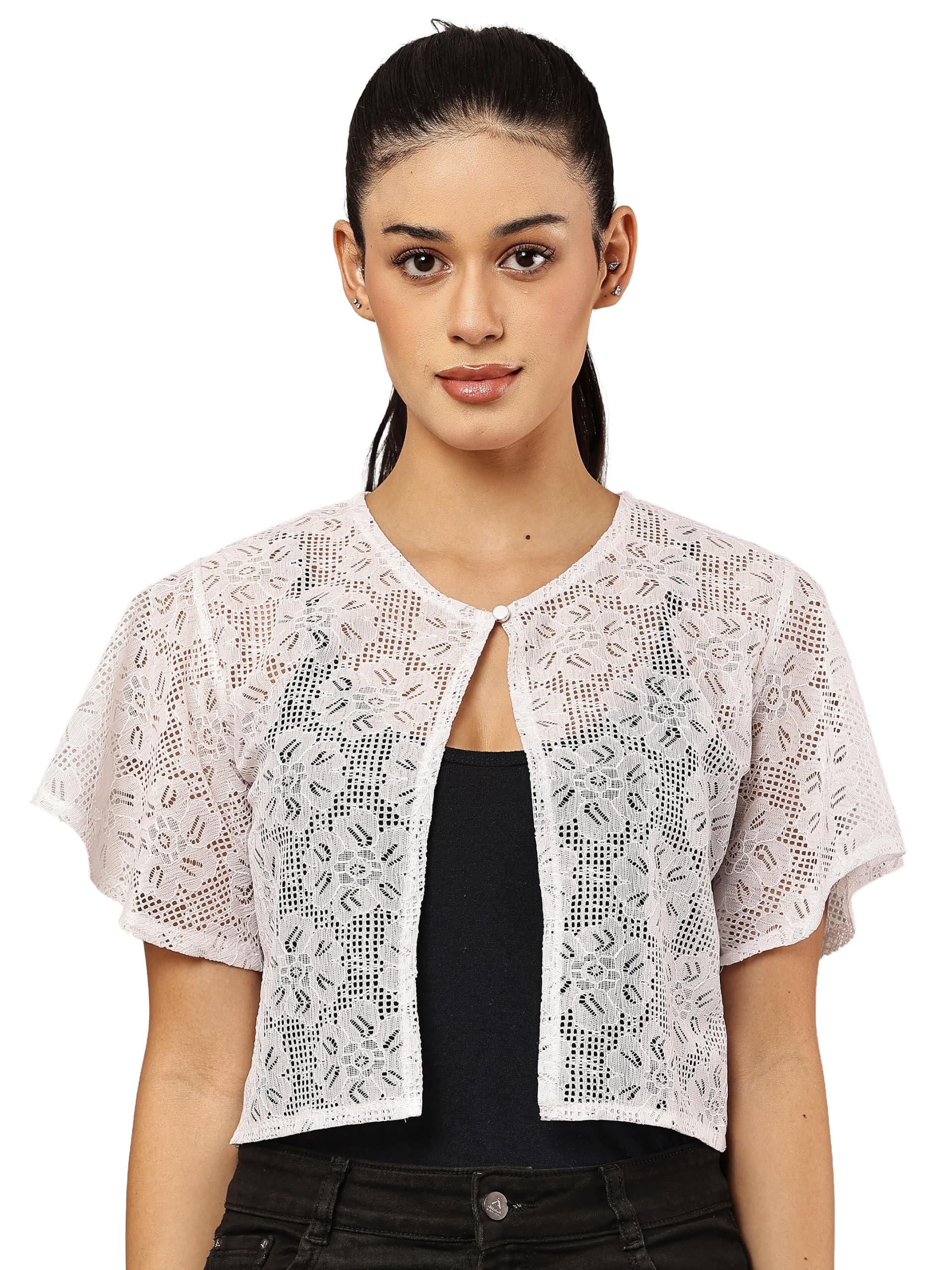 Women Half Sleeve 100% Cotton Self Design Lace Crop Button Front Shrug | Stylish Casual Layering Top-image-16