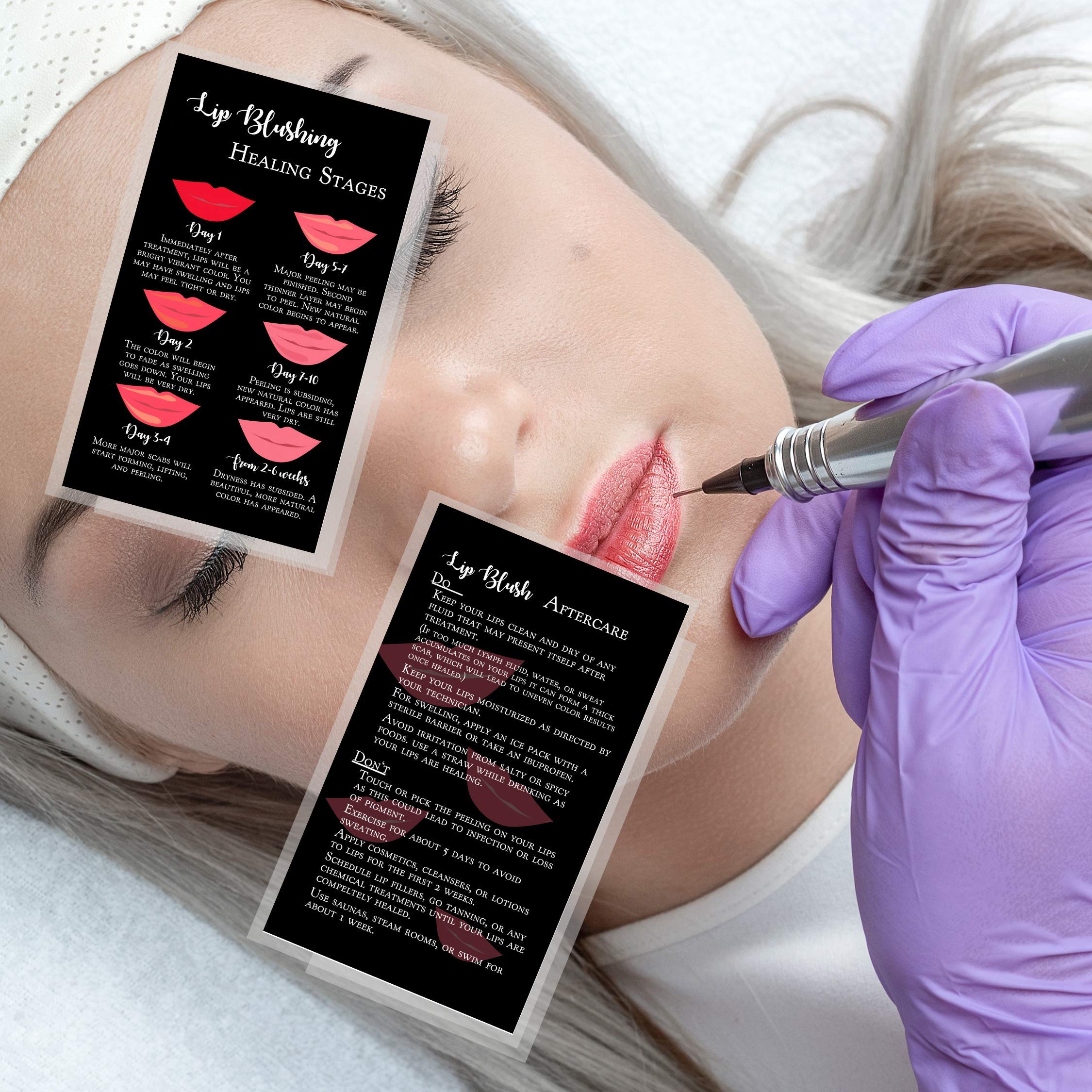 Tarjetas de instrucciones de curación y cuidado posterior del rubor de labios | Paquete de 50 | Tarjeta de visita de doble cara de 2 x 3.5 pulgadas | Negro con diseño de labios rojos
