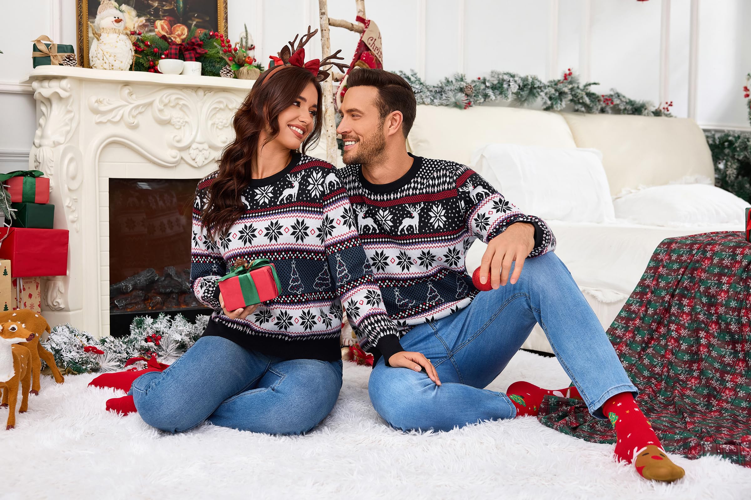 Suéter de Navidad para Hombre Punto Jersey de Invierno con Cuello Redondo Diseño de Renos y Copos de Nieve para Navidad S-XXL