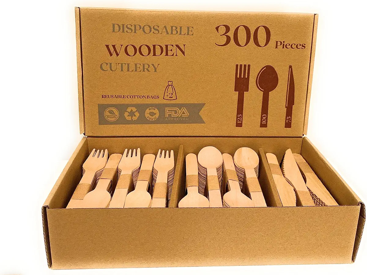 Dharma&#39;s Path Disposable Wooden Cutlery Set | 100% All-Natural, Eco-Friendly, Biodegradable, and Compostable - 302 Pieces(125 forks, 100 spoons, 75 knives, 2 multipurpose bags)