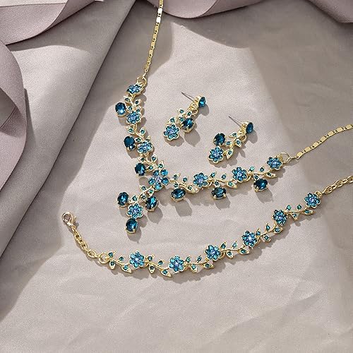 Miniatura 4 de EVER FAITH - Juego de collar y aretes con diseño de hojas y flores, de cristal austriaco