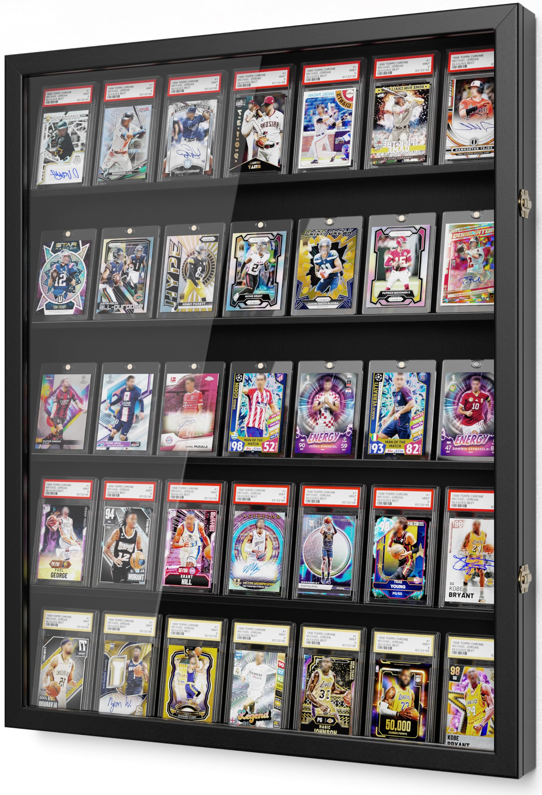 Marco de exhibición para cartas coleccionables, soporte de pared de 5 niveles en madera con puerta HD transparente, soporte para cartas de béisbol, exhibidor para cartas deportivas y colección