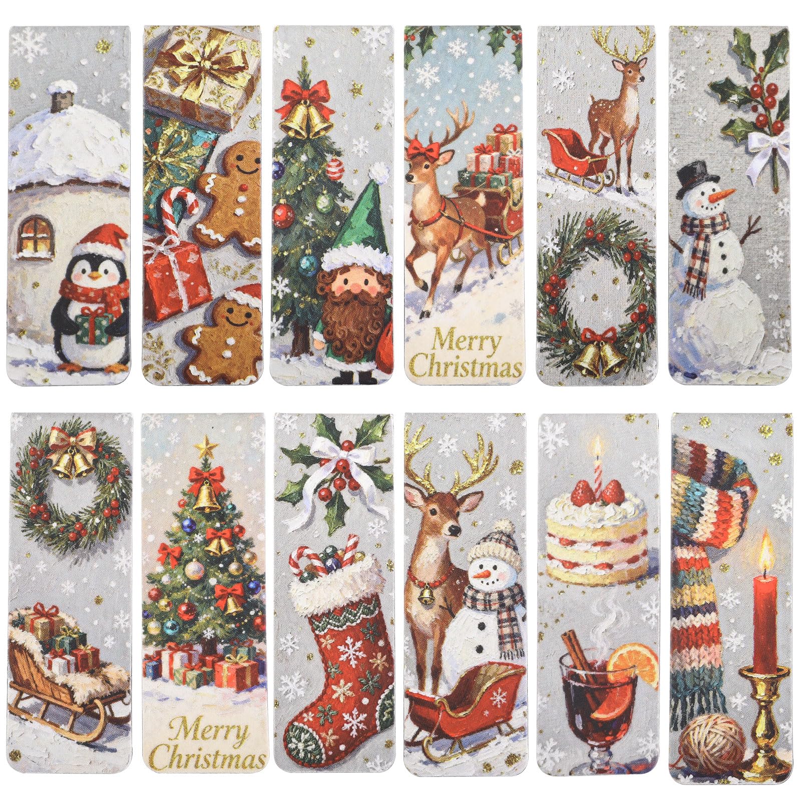 Simpeak 12 Pack Christmas Magnetic Bookmarks, 12 x 2cm Page Clips, Xmas Magnetic Bookmarks for Students, Teachers, Home, Office, School for Kids, Children, Men, Women, Teens
