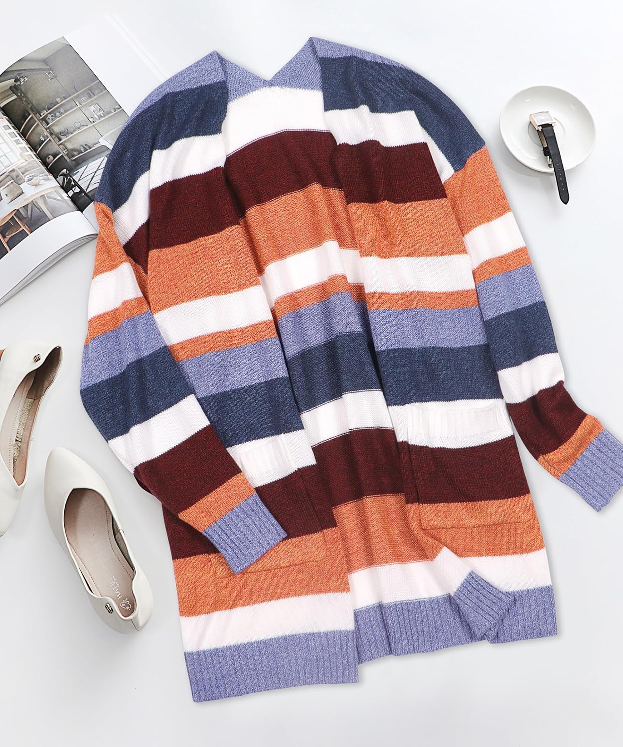 ECOWISH Women Cardigan Sweaters Long Floral Striped Winter Fall Long Sleeve Open Front Cozy Knitted Daisy Fuzzy Coats Outwear - Image 6