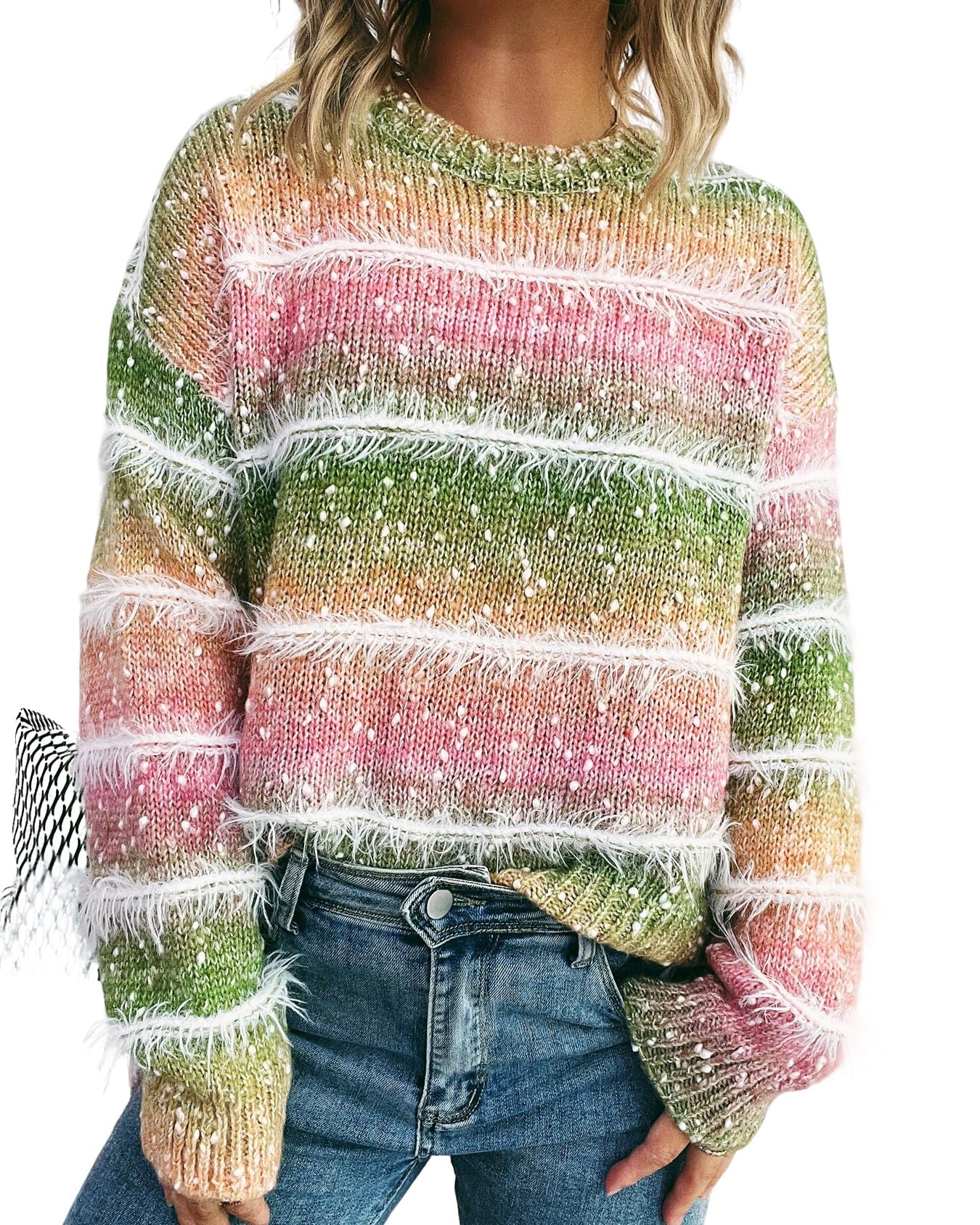 CHARTOU Women Fuzzy Contrast Striped Faux Fur Mink Pullover Sweater Fall Color Block Crewneck Jumper Tops