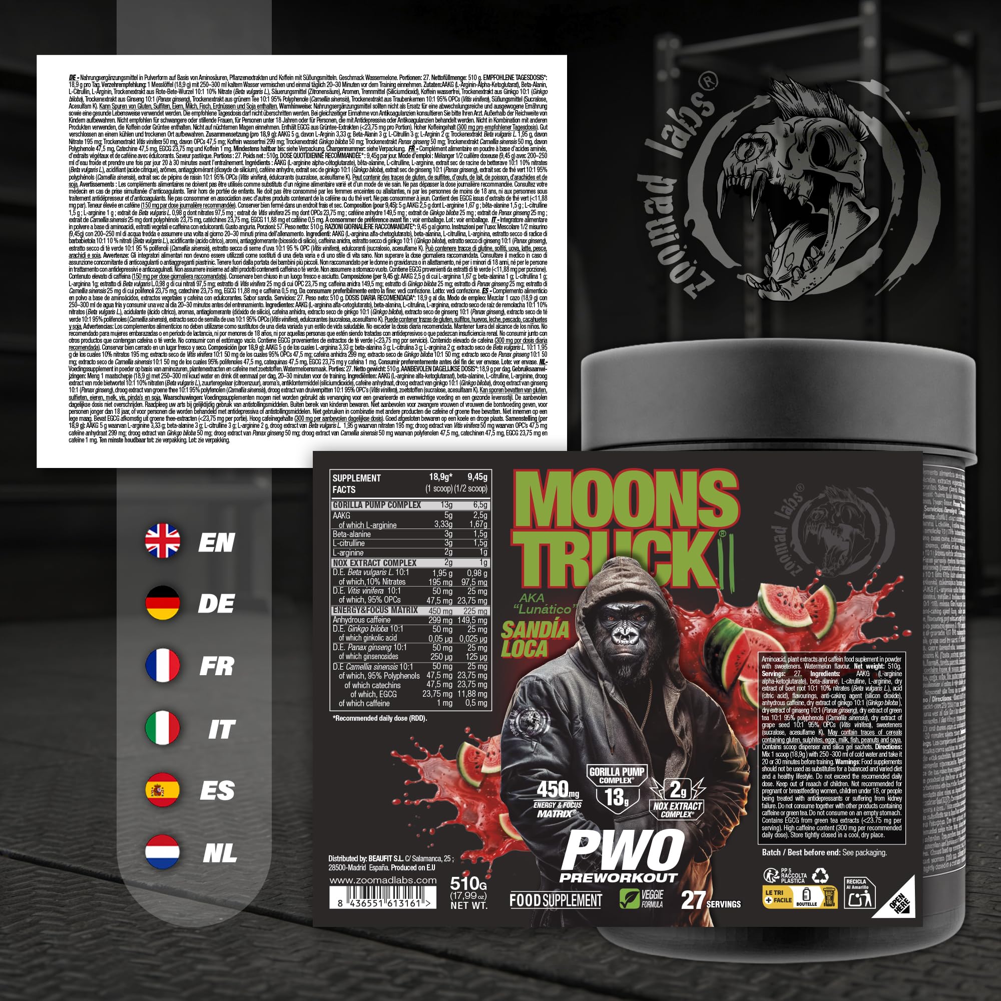 Zoomad Labs Moonstruck II Pre-Workout 510 g — Pre Workout Puissant Citrulline Bêta-Alanine AAKG · Gorilla Pump 13 g · Nitrates Betterave · 299 mg Caféine · 27 Doses