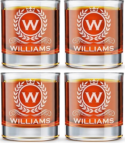 Vaso de whisky personalizado (juego de 4), vaso de cóctel grabado con monograma grabado, 10.25 onzas de vidrio de regalo de whisky antiguo