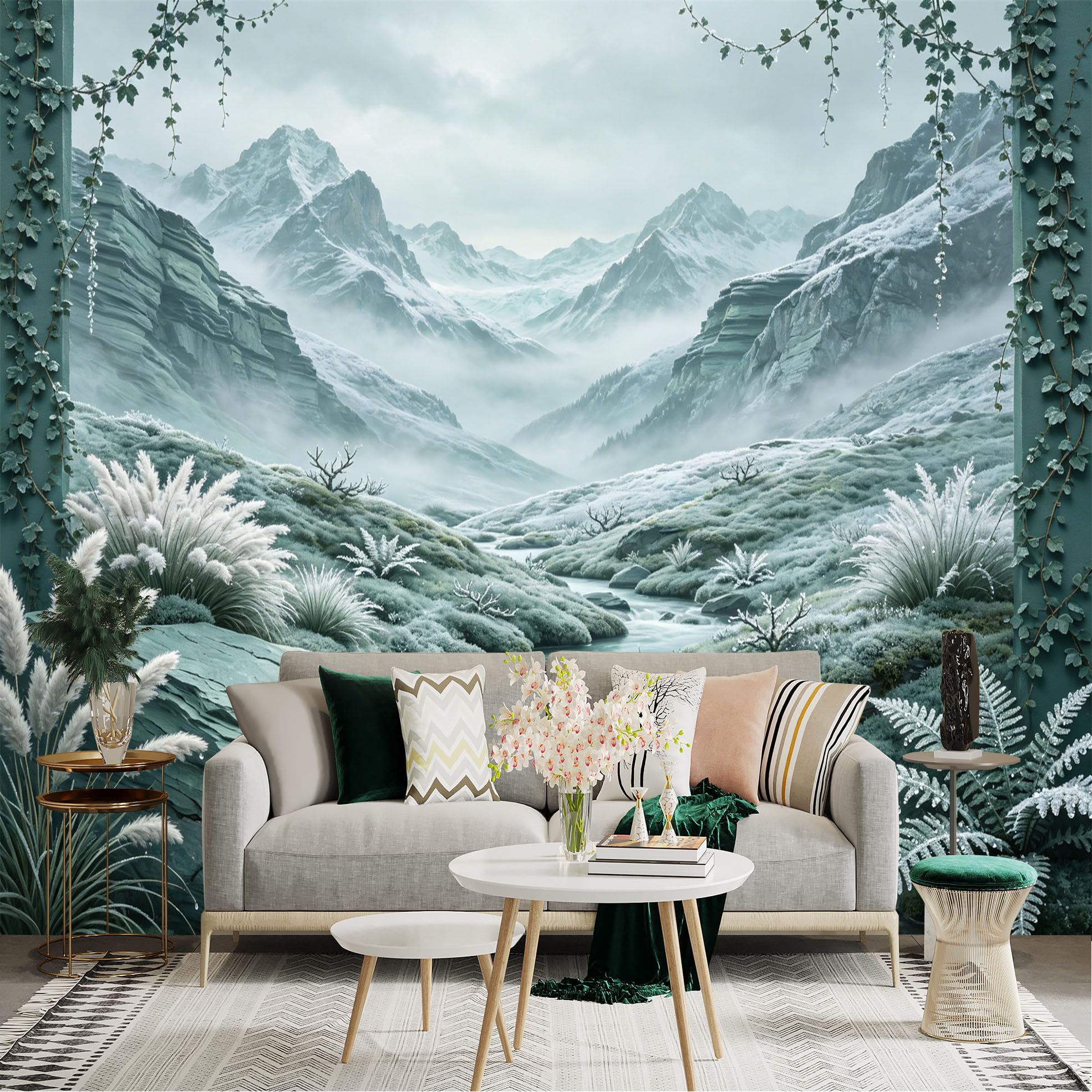 Custom Size Wall Sticker Mural， Frosty Mountain Valley with River and Misty Landscape， for wall Decoration， peelandstick wall Decals.