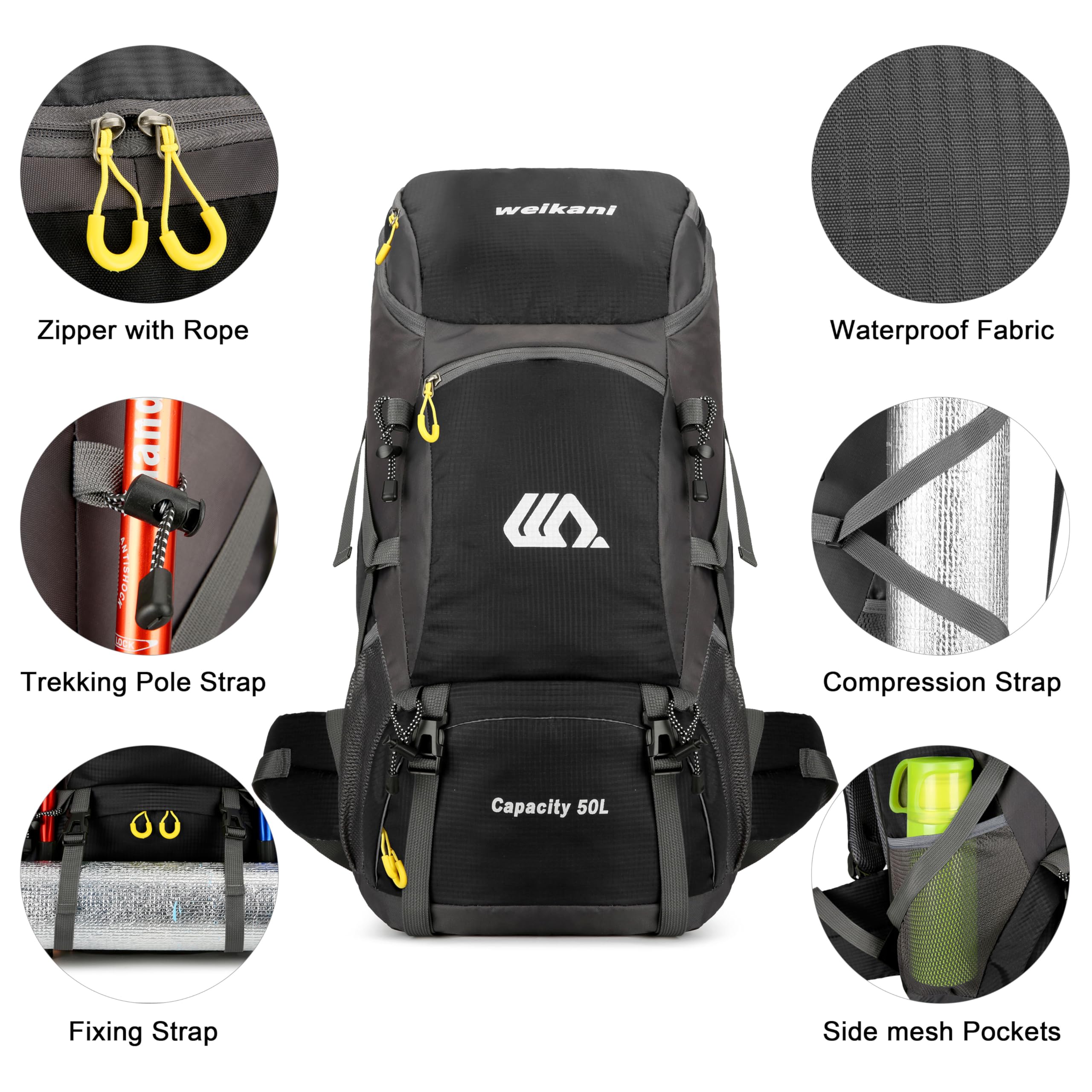 Mochila de Senderismo 50L, Ligera Impermeable Mochilas Trekking Viaje Con Cubierta De Lluvia Mochila Deportiva Al Aire Libre Para Escalada Acampar Turismo Hombre Mujer