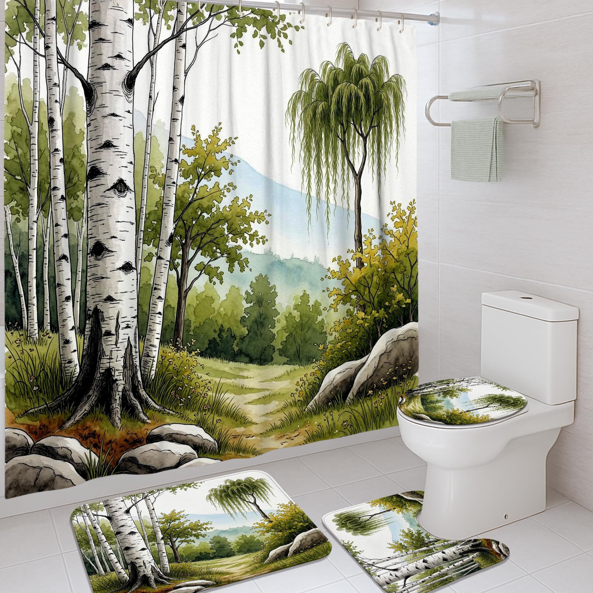 Ensemble rideau de douche en polyester durable motif montagne et tapis premium